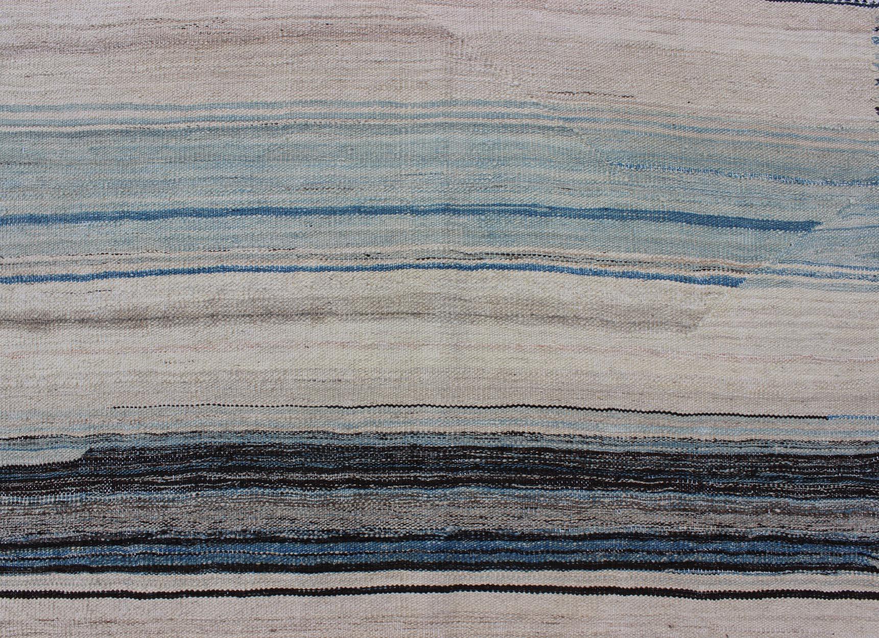Modern Flat-Weave Kilim Rug in Three Panel Striped Design in Ocean Blue & Taupe 2