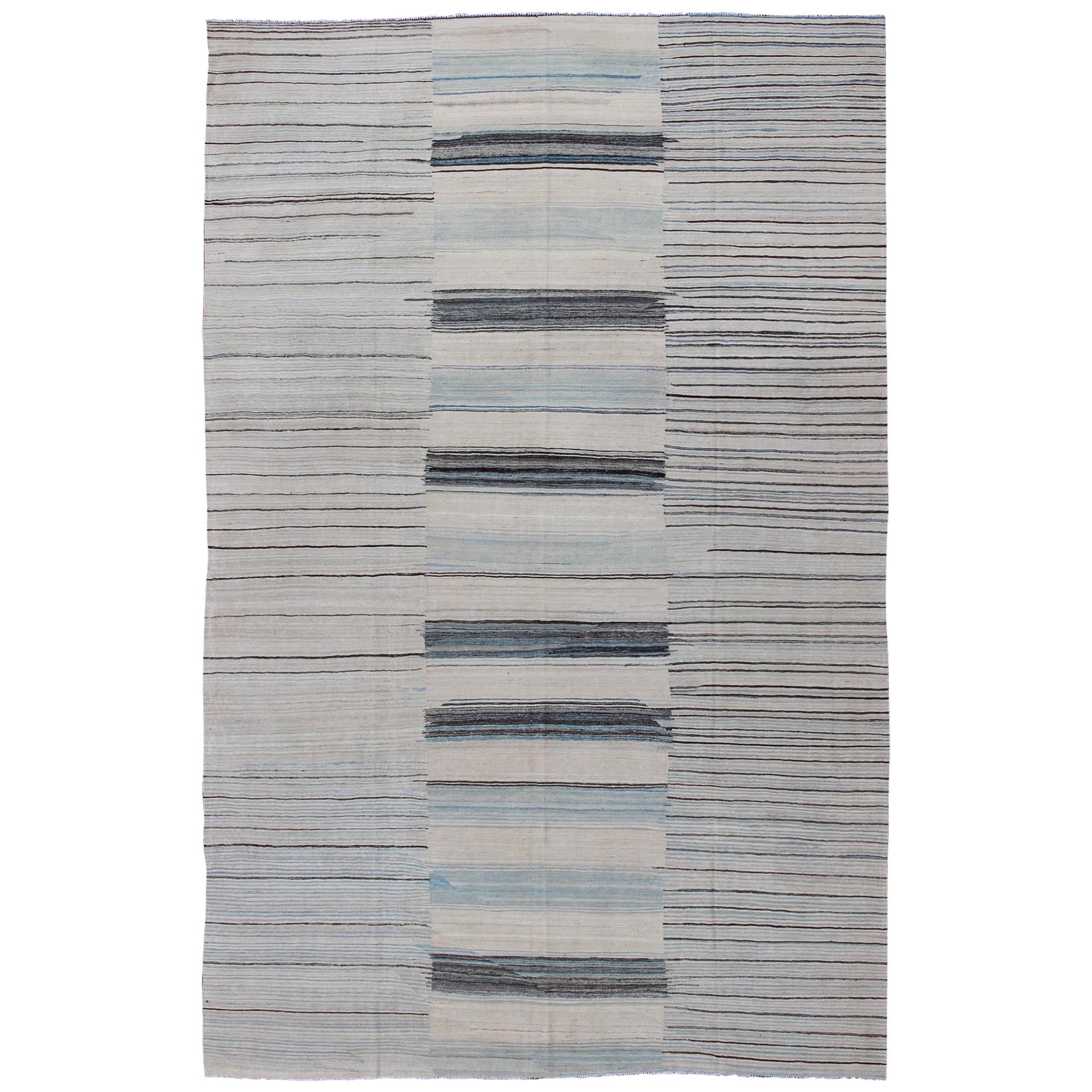 Modern Flat-Weave Kilim Rug in Three Panel Striped Design in Ocean Blue & Taupe