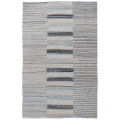 Modern Flat-Weave Kilim Rug in Three Panel Striped Design in Ocean Blue & Taupe