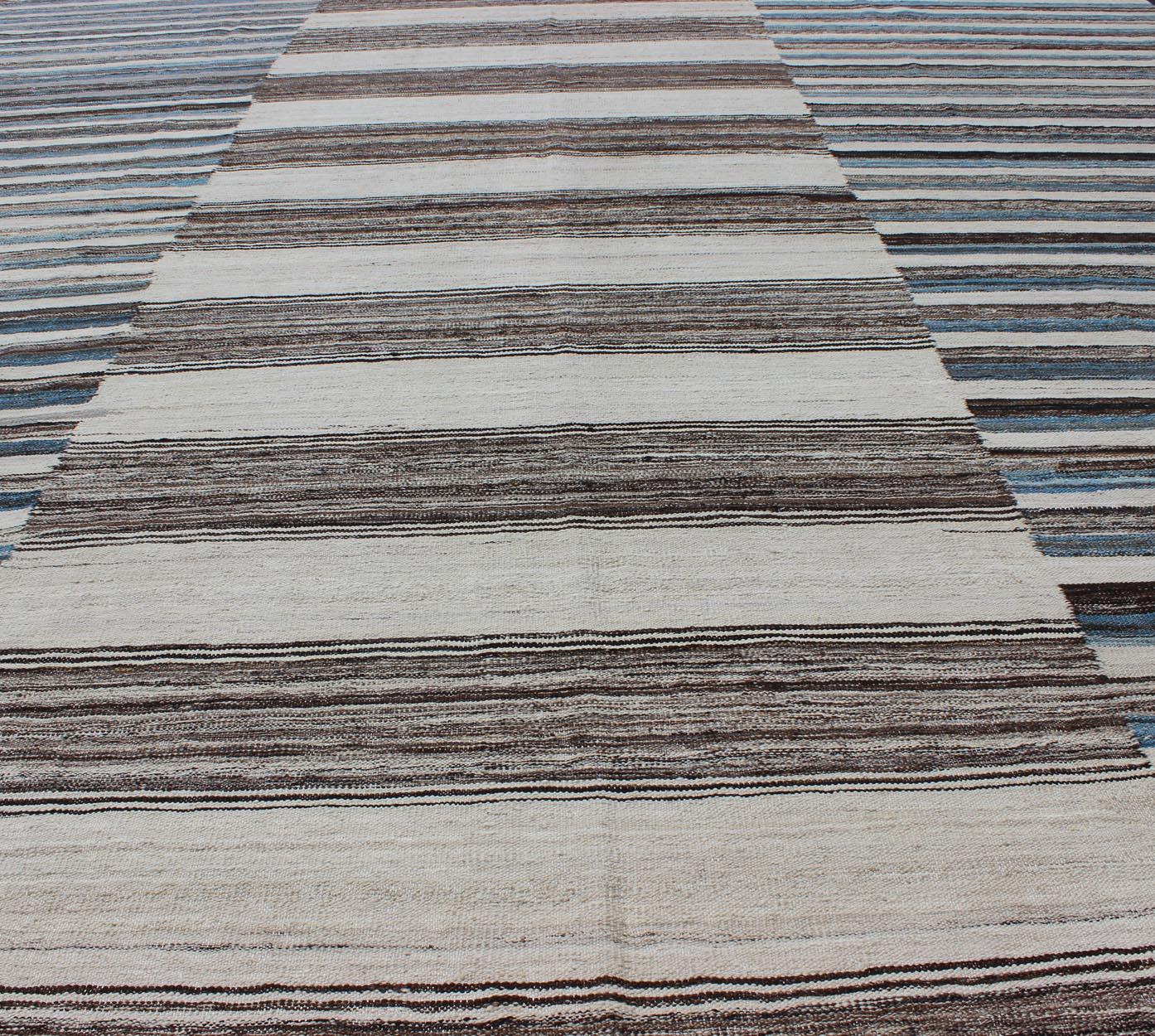 Modern Flat-Weave Large Kilim with Blue, Ivory, Brown and Charcoal Stripes For Sale 3