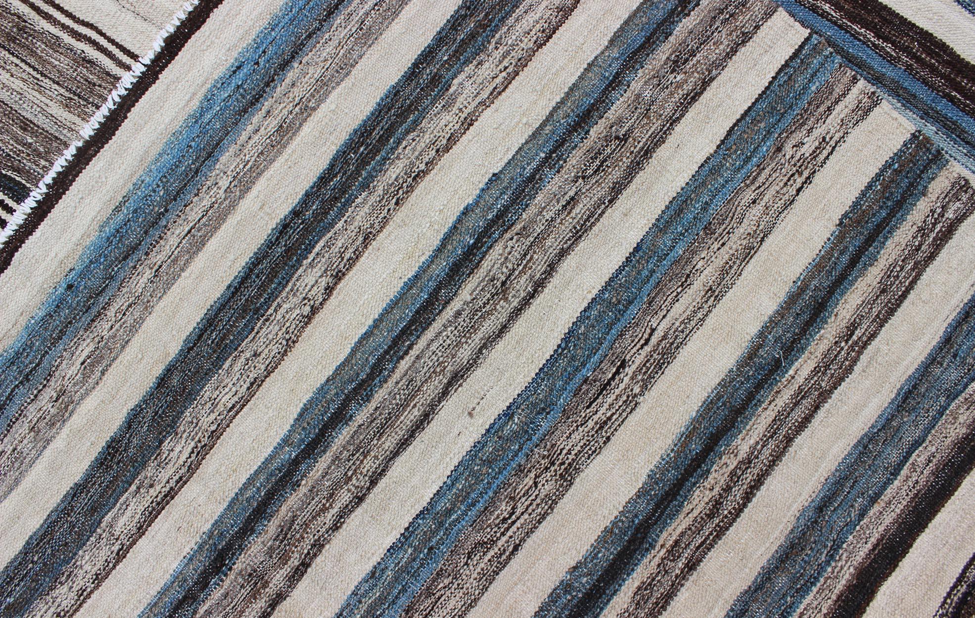 Modern Flat-Weave Large Kilim with Blue, Ivory, Brown and Charcoal Stripes For Sale 5