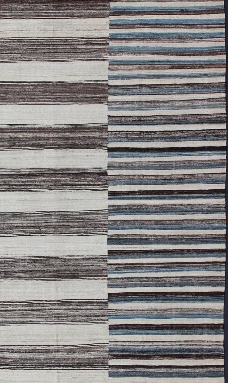 Afghan Modern Flat-Weave Large Kilim with Blue, Ivory, Brown and Charcoal Stripes For Sale
