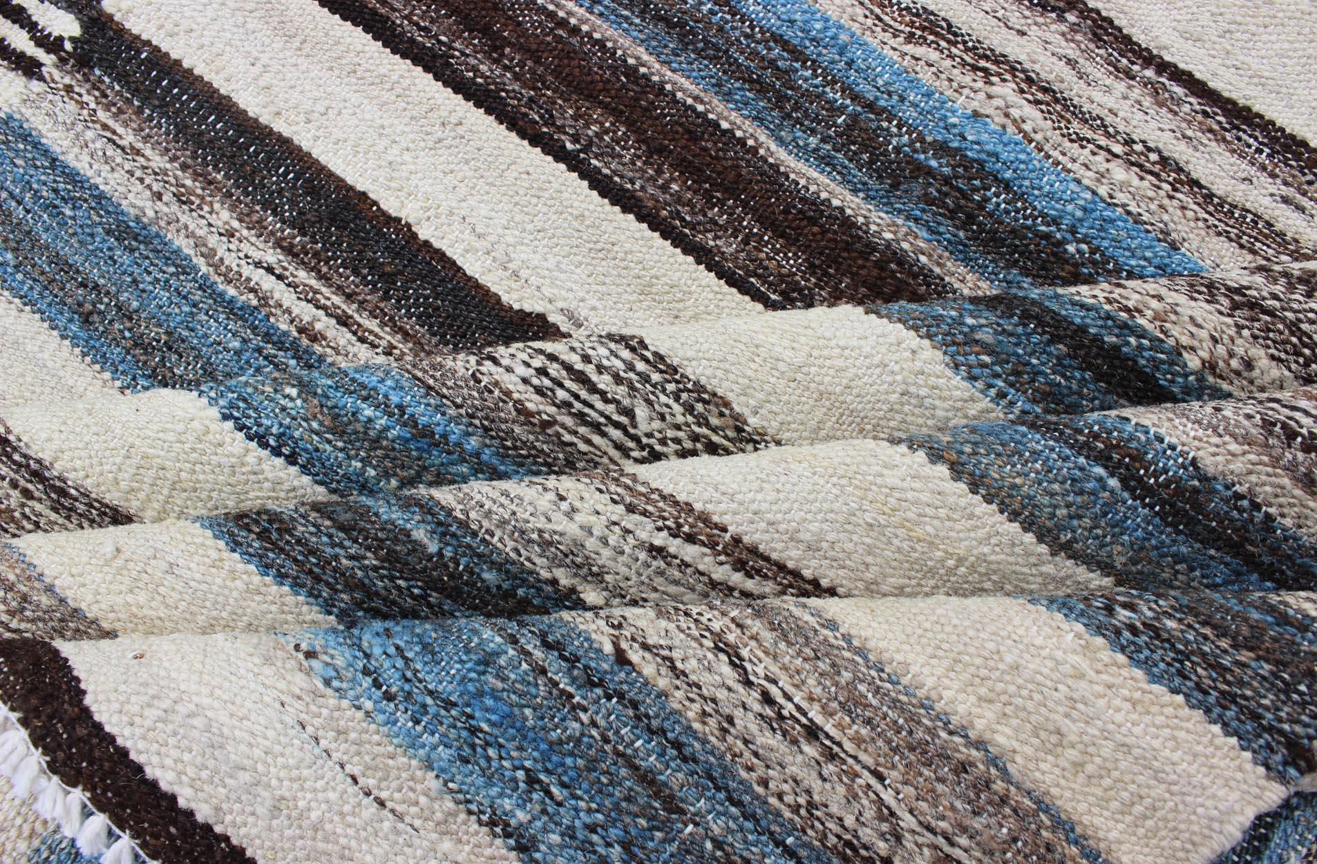Hand-Woven Modern Flat-Weave Large Kilim with Blue, Ivory, Brown and Charcoal Stripes For Sale
