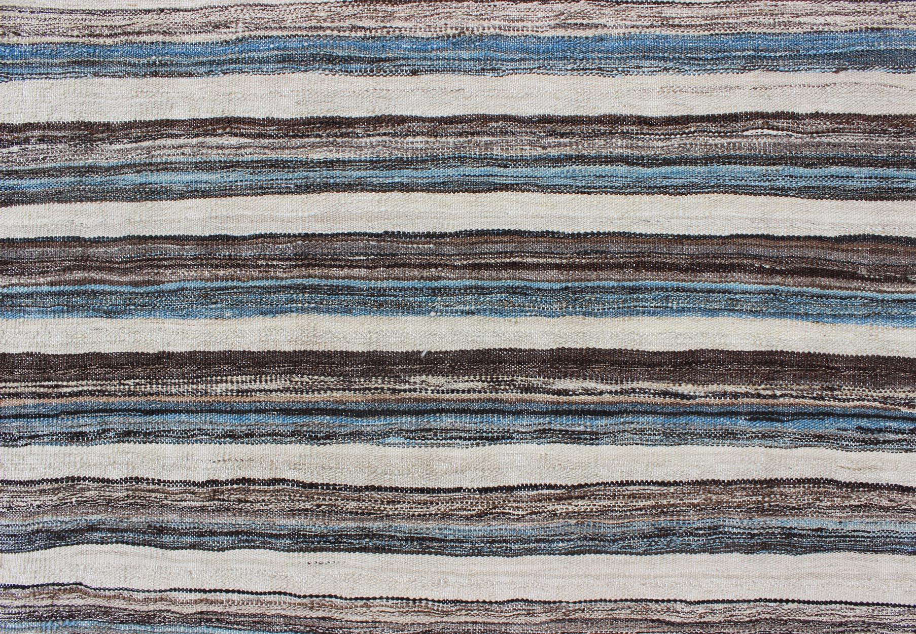 Modern Flat-Weave Large Kilim with Blue, Ivory, Brown and Charcoal Stripes In New Condition For Sale In Atlanta, GA