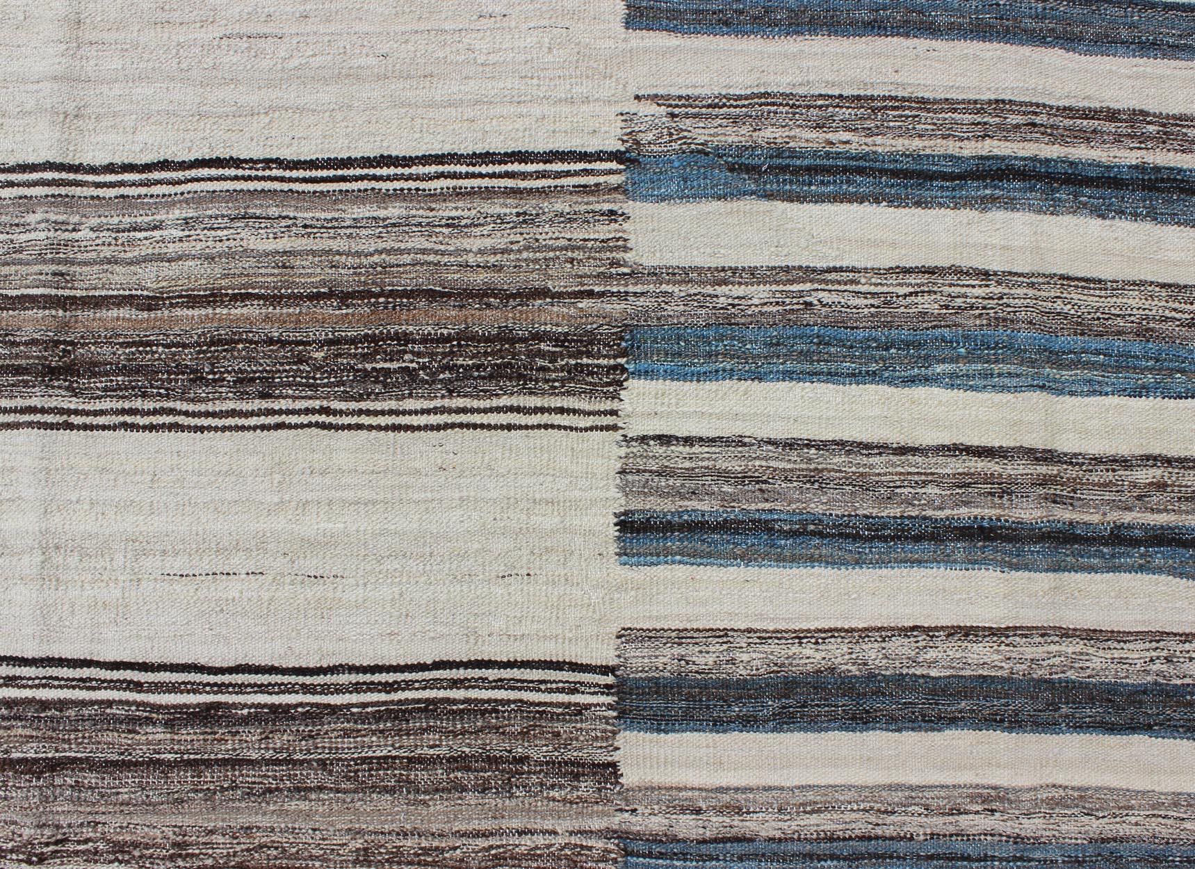 Contemporary Modern Flat-Weave Large Kilim with Blue, Ivory, Brown and Charcoal Stripes For Sale
