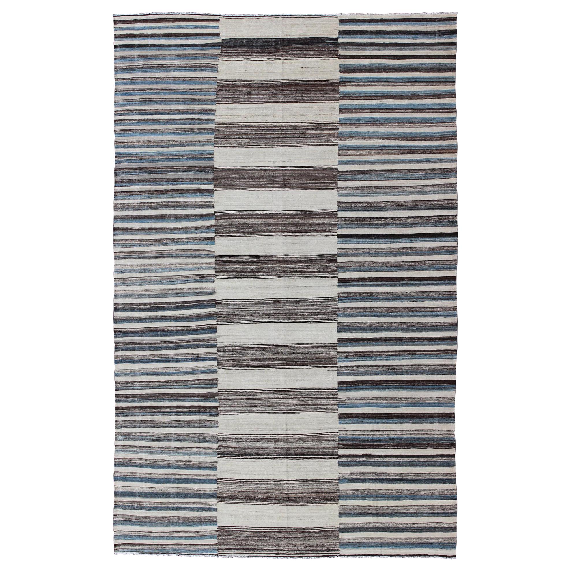 Modern Flat-Weave Large Kilim with Blue, Ivory, Brown and Charcoal Stripes For Sale