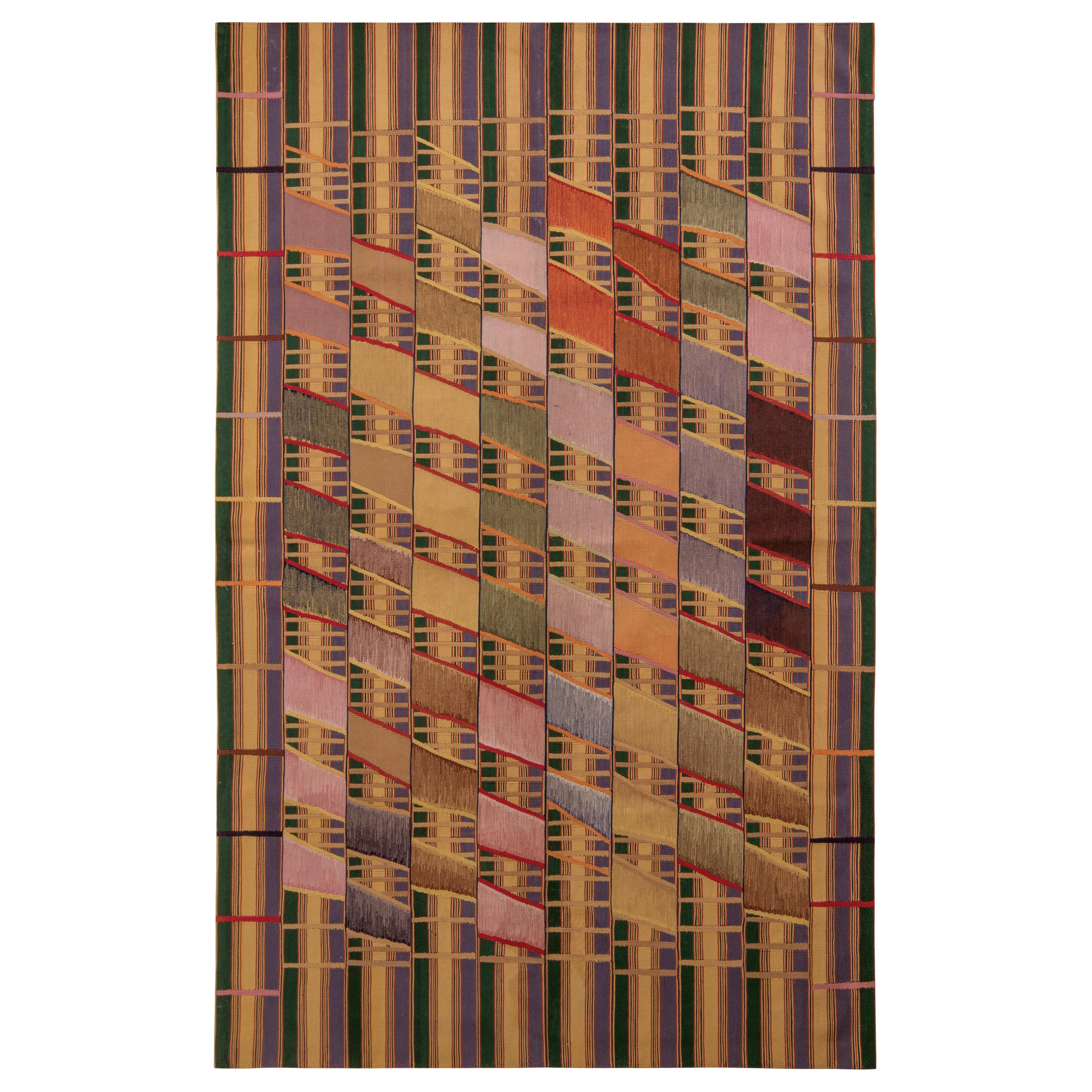 Moderner Flachgewebter Teppich aus Teppich und Kelim in Beige-Braun im Art-déco-Kelim-Teppichdesign