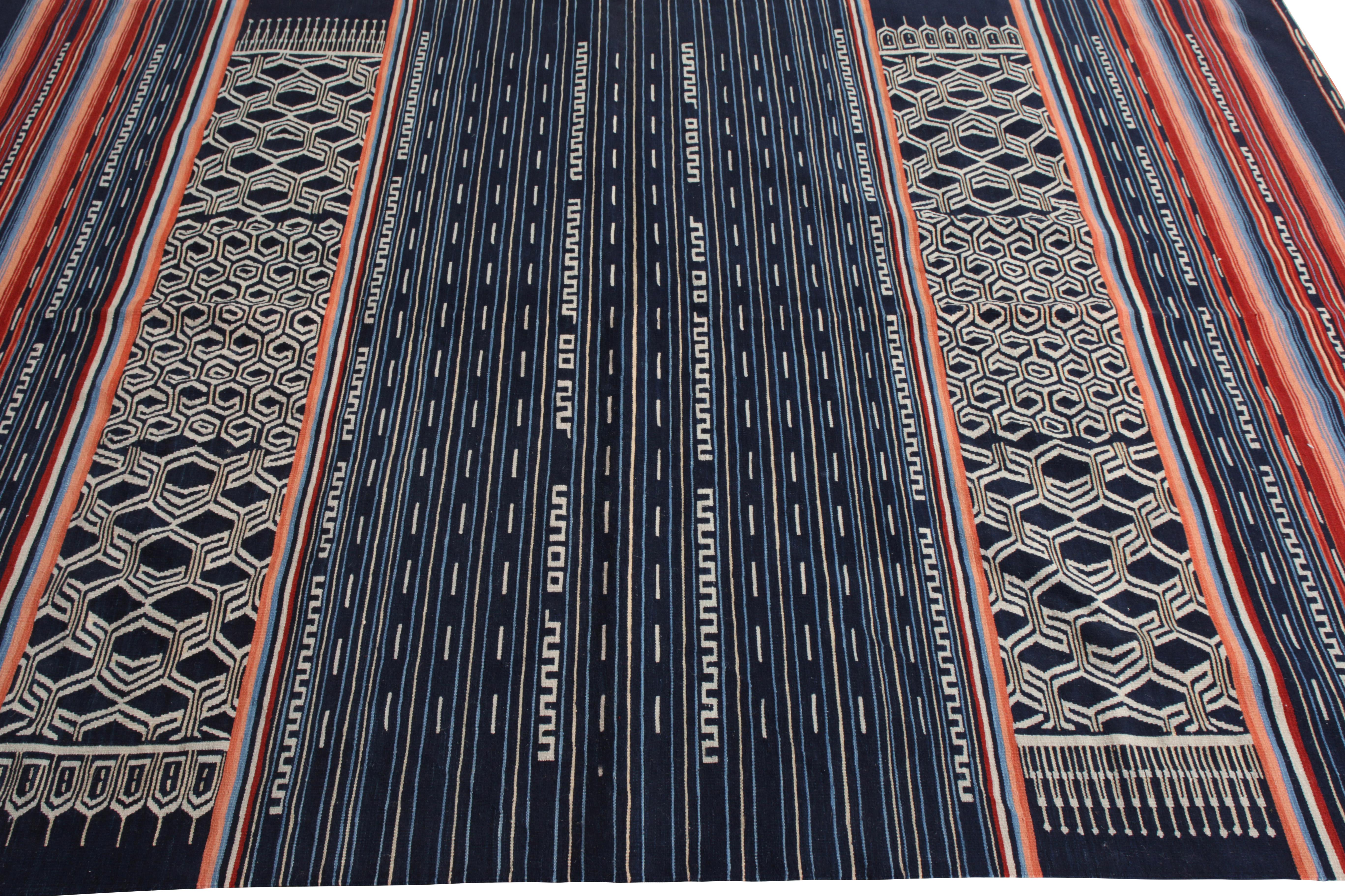 Chinese Rug & Kilim's Modern Flat-Weave Rug in Blue and Red Striped Kilim Rug Design For Sale