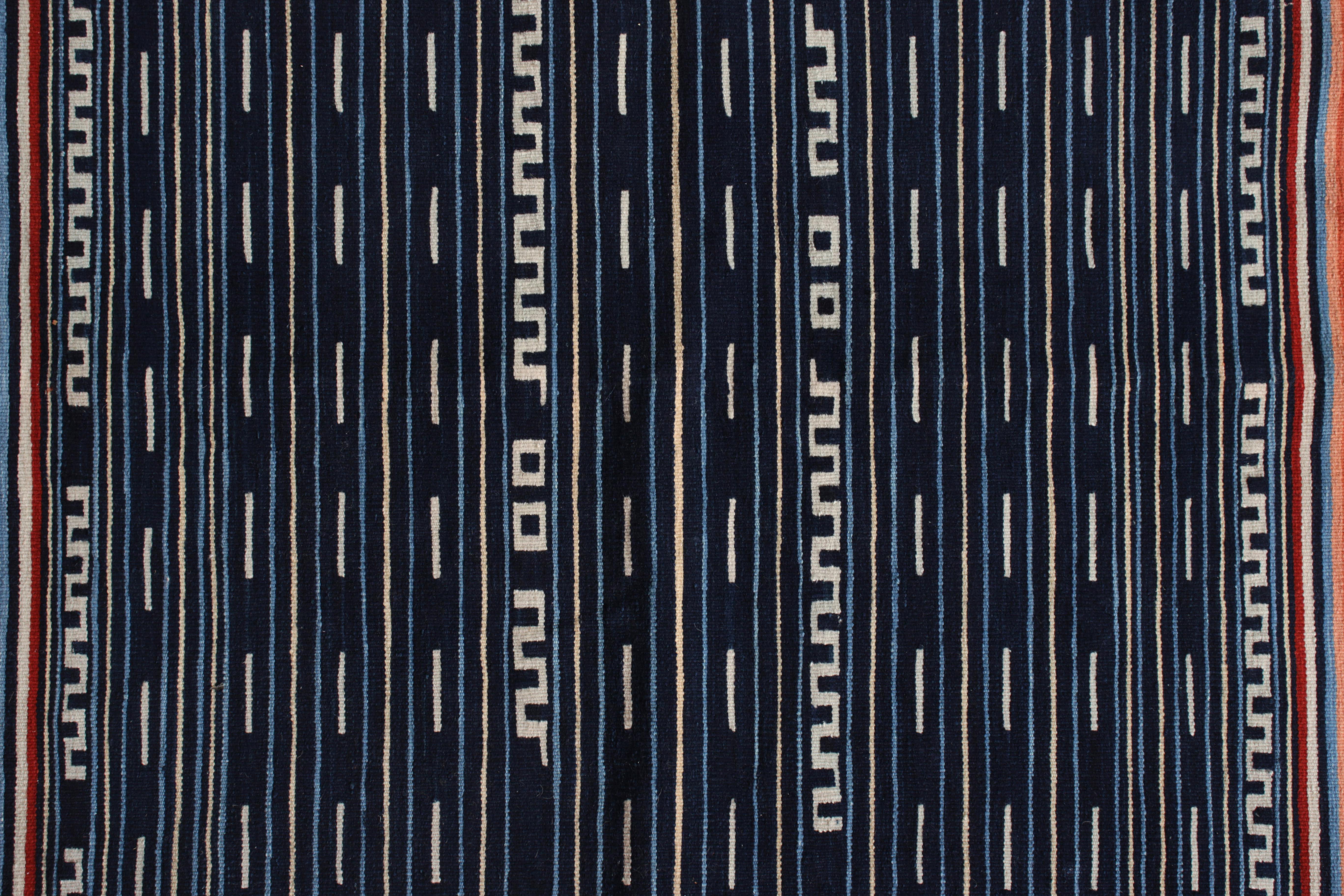 Hand-Woven Modern Flat-Weave Rug in Blue and Red Striped Kilim Rug Design