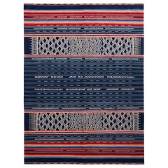 Modern Flat-Weave Rug in Blue and Red Striped Kilim Rug Design