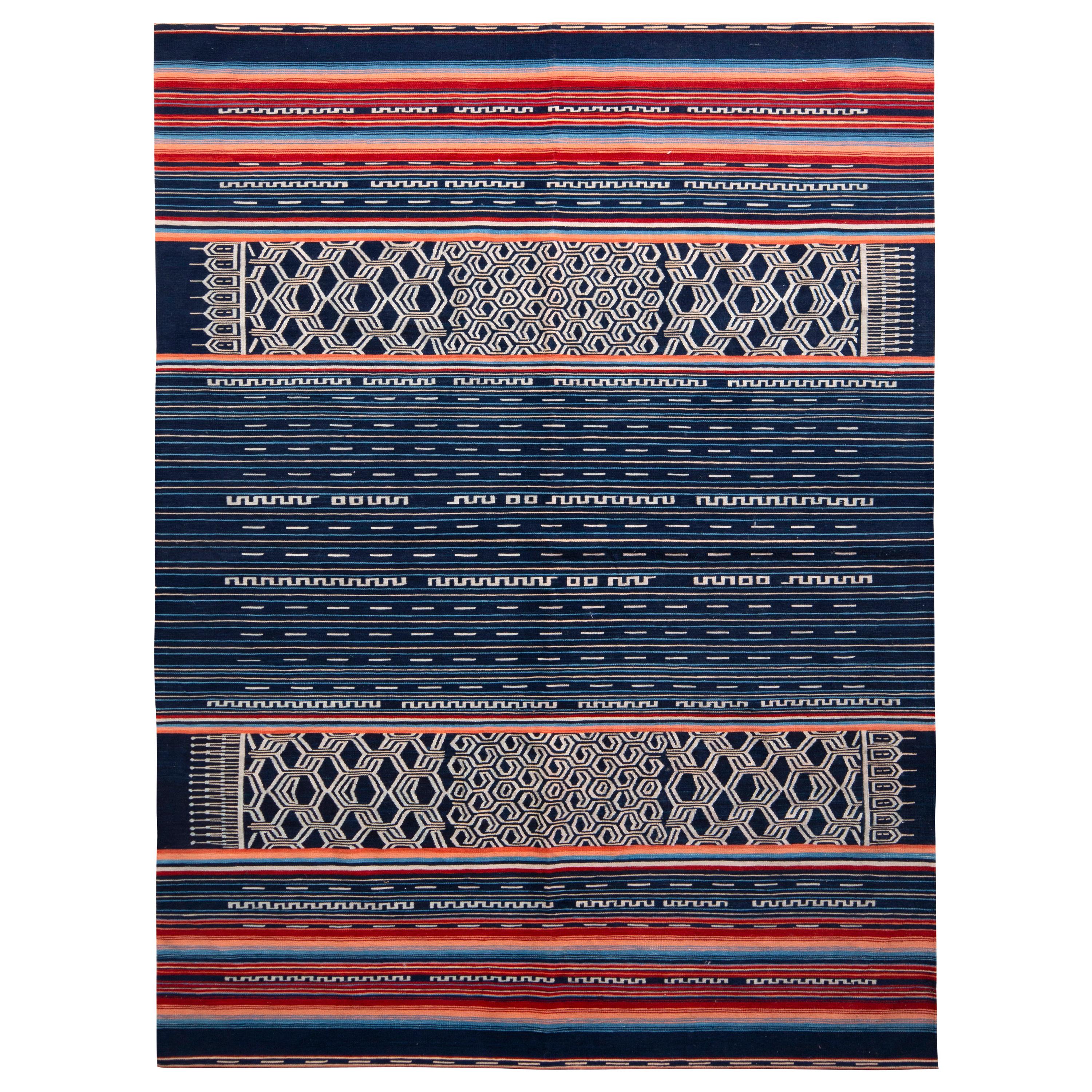 Rug & Kilim's Modern Flat-Weave Rug in Blue and Red Striped Kilim Rug Design For Sale