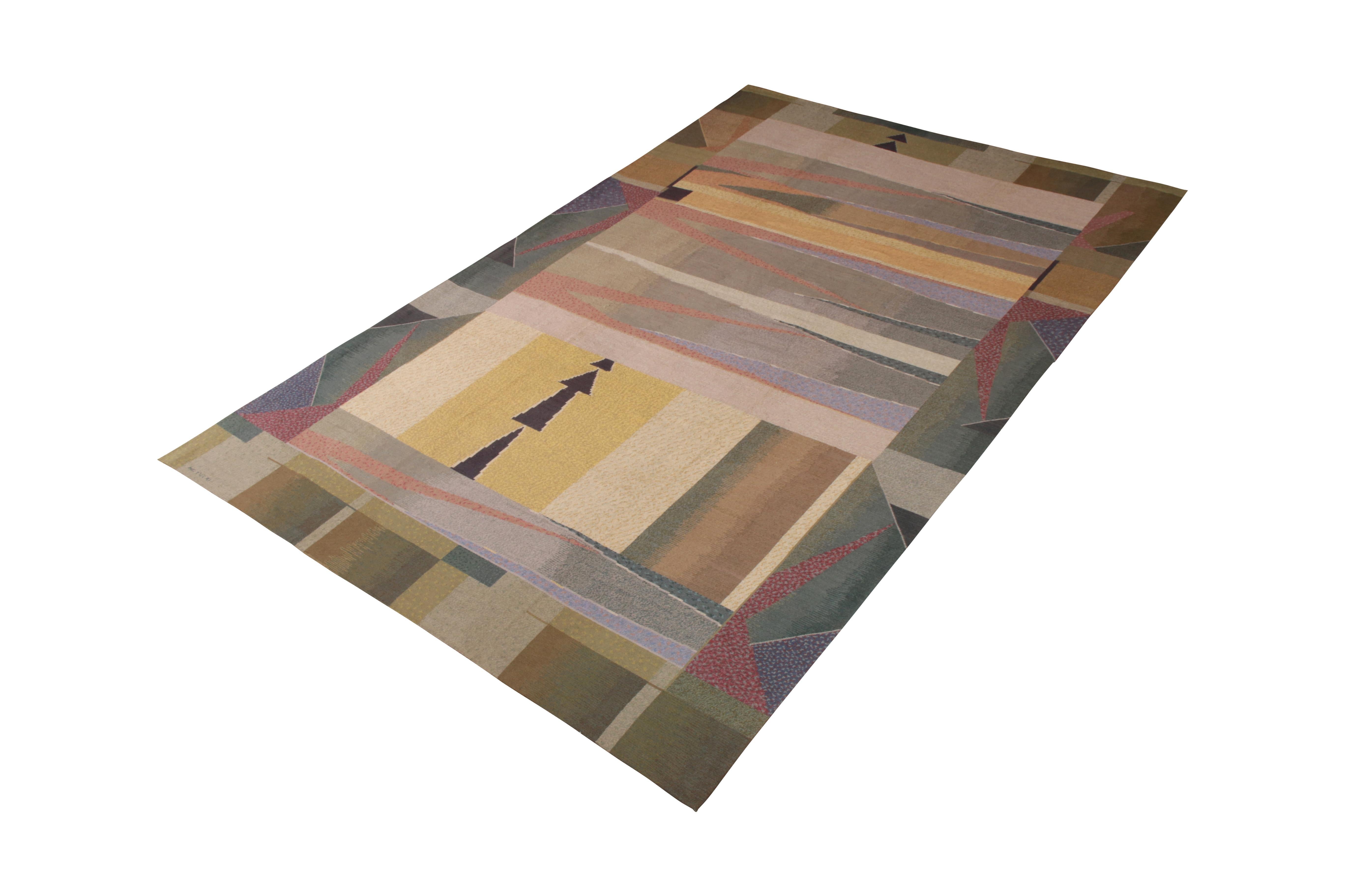 An unveiling from the modern Kilim selections in the Kilim and flat-weave collection from Rug & Kilim—here celebrating a uniquely spacious 9 x 13 Kilim from the late 20th century works of Teddy Sumner—handmade in a wool flat-weave in this
