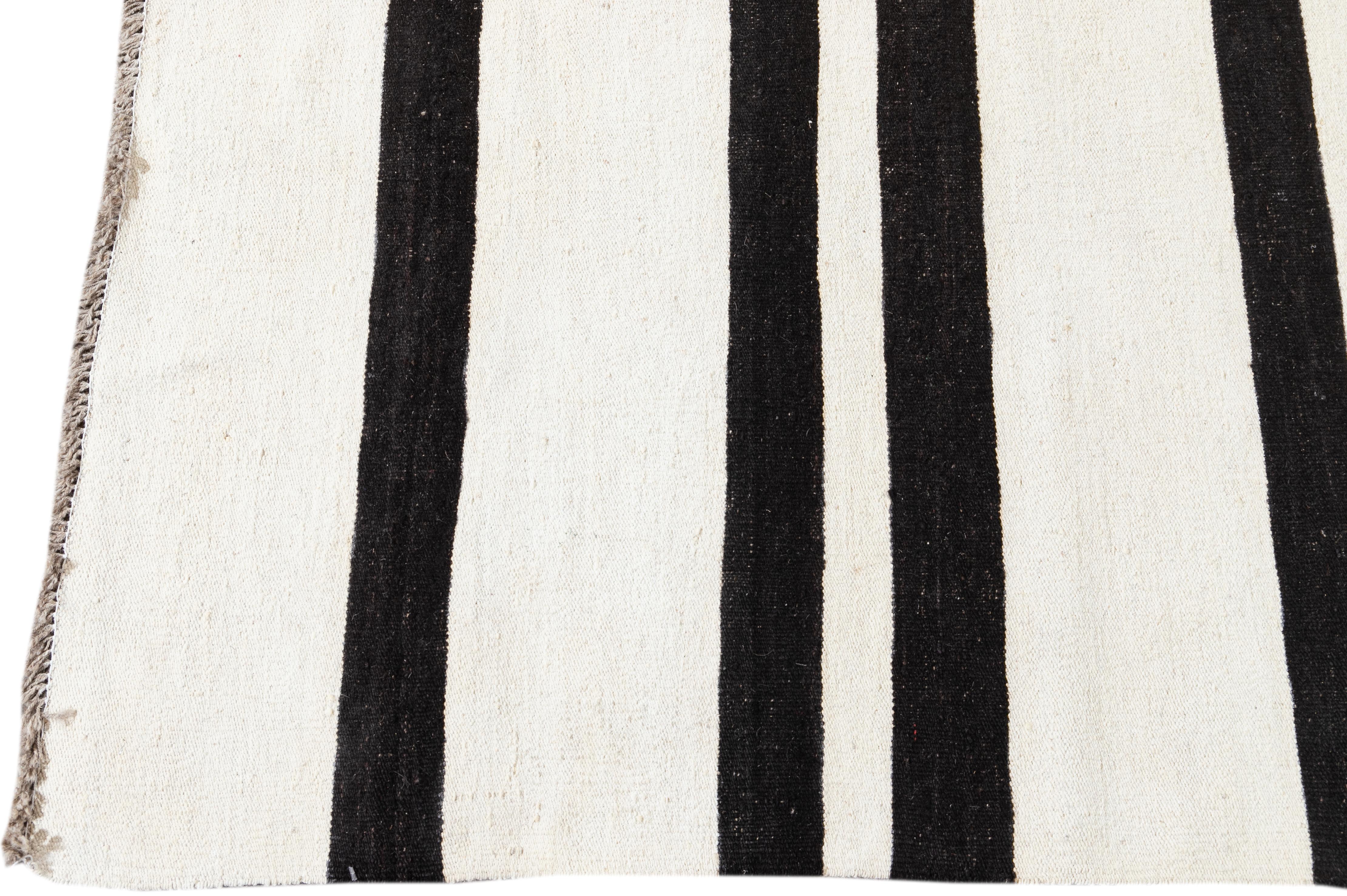 Pakistani Modern Flatweave Black and White Striped Kilim Rug For Sale