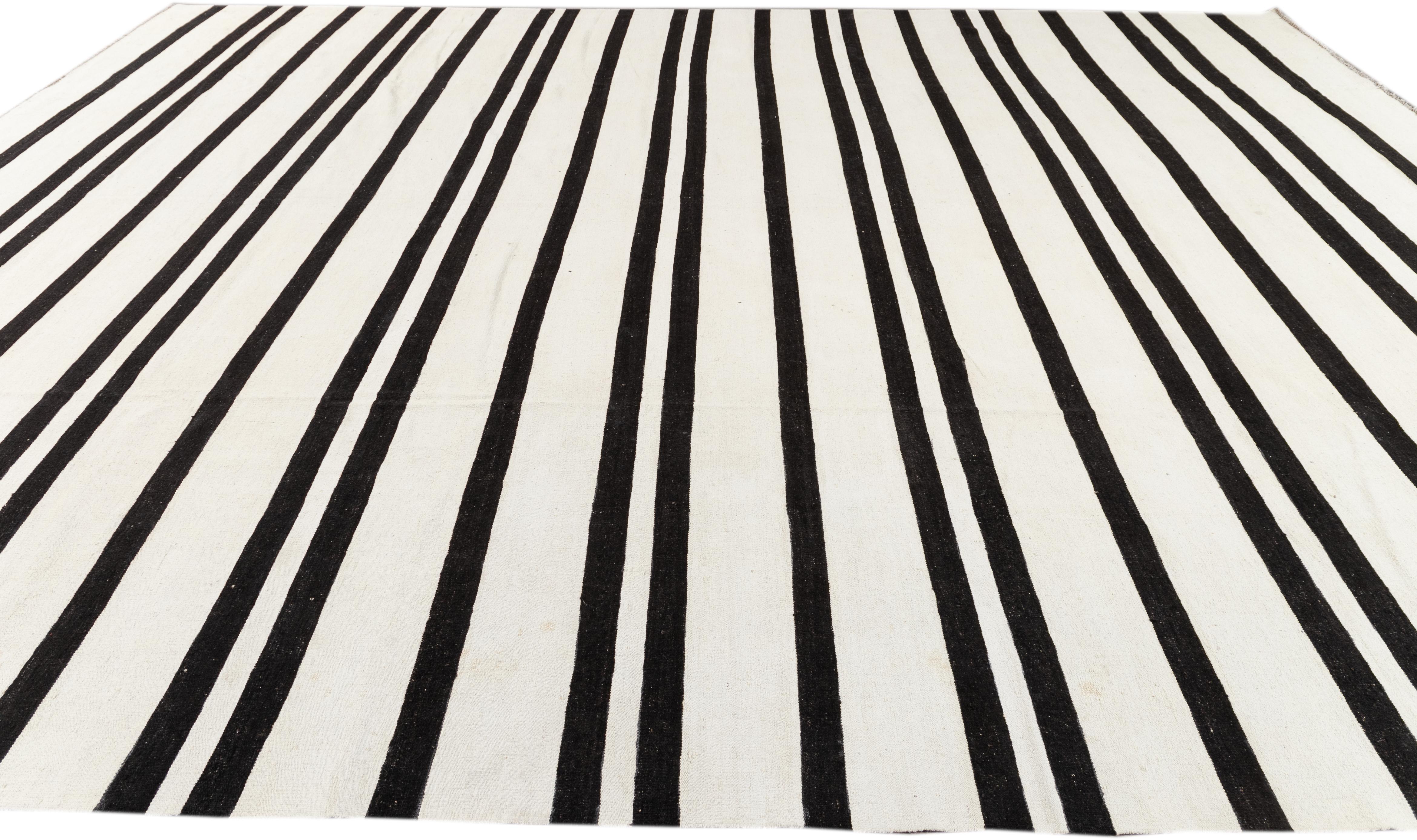 Hand-Knotted Modern Flatweave Black and White Striped Kilim Rug For Sale