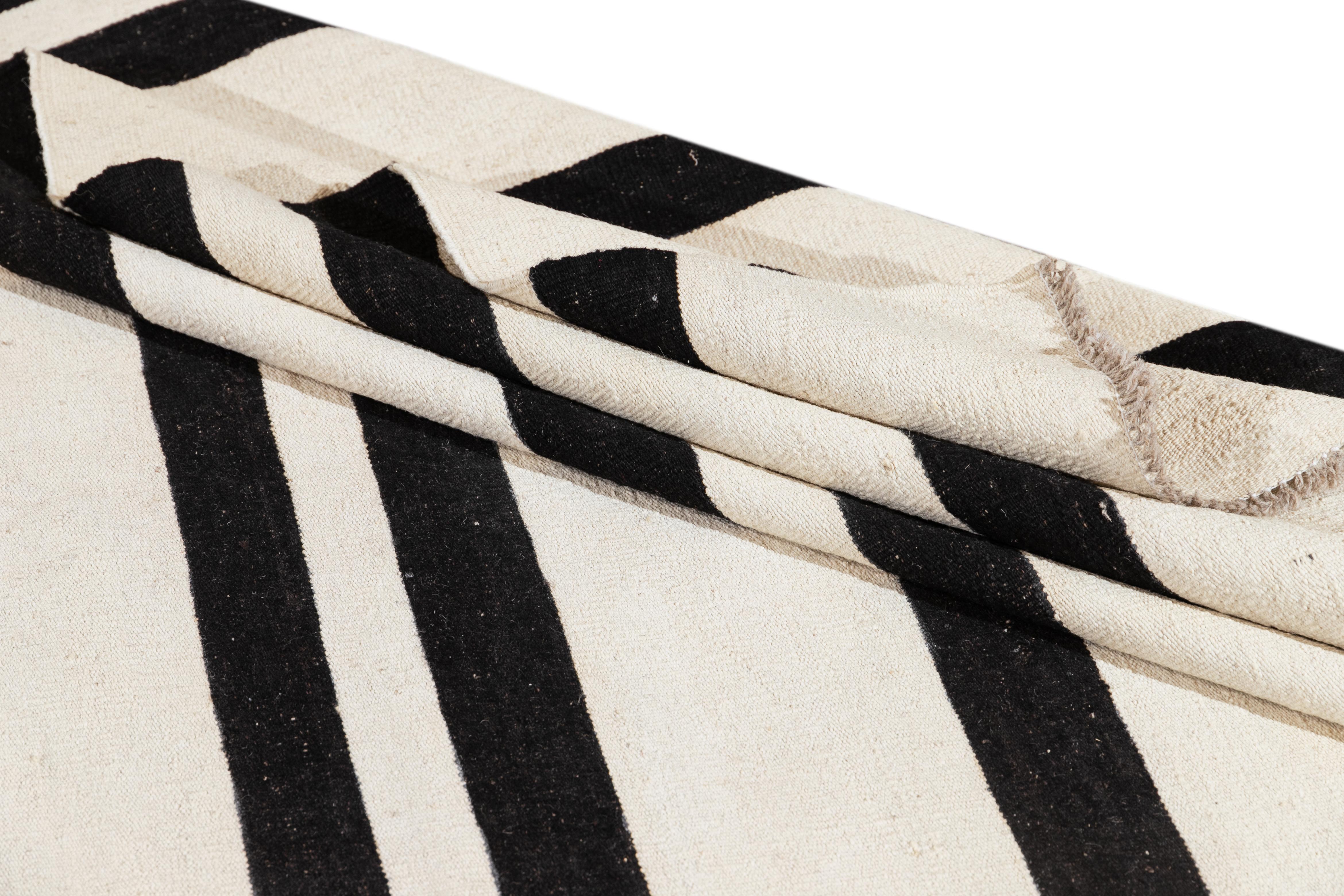 Contemporary Modern Flatweave Black and White Striped Kilim Rug For Sale