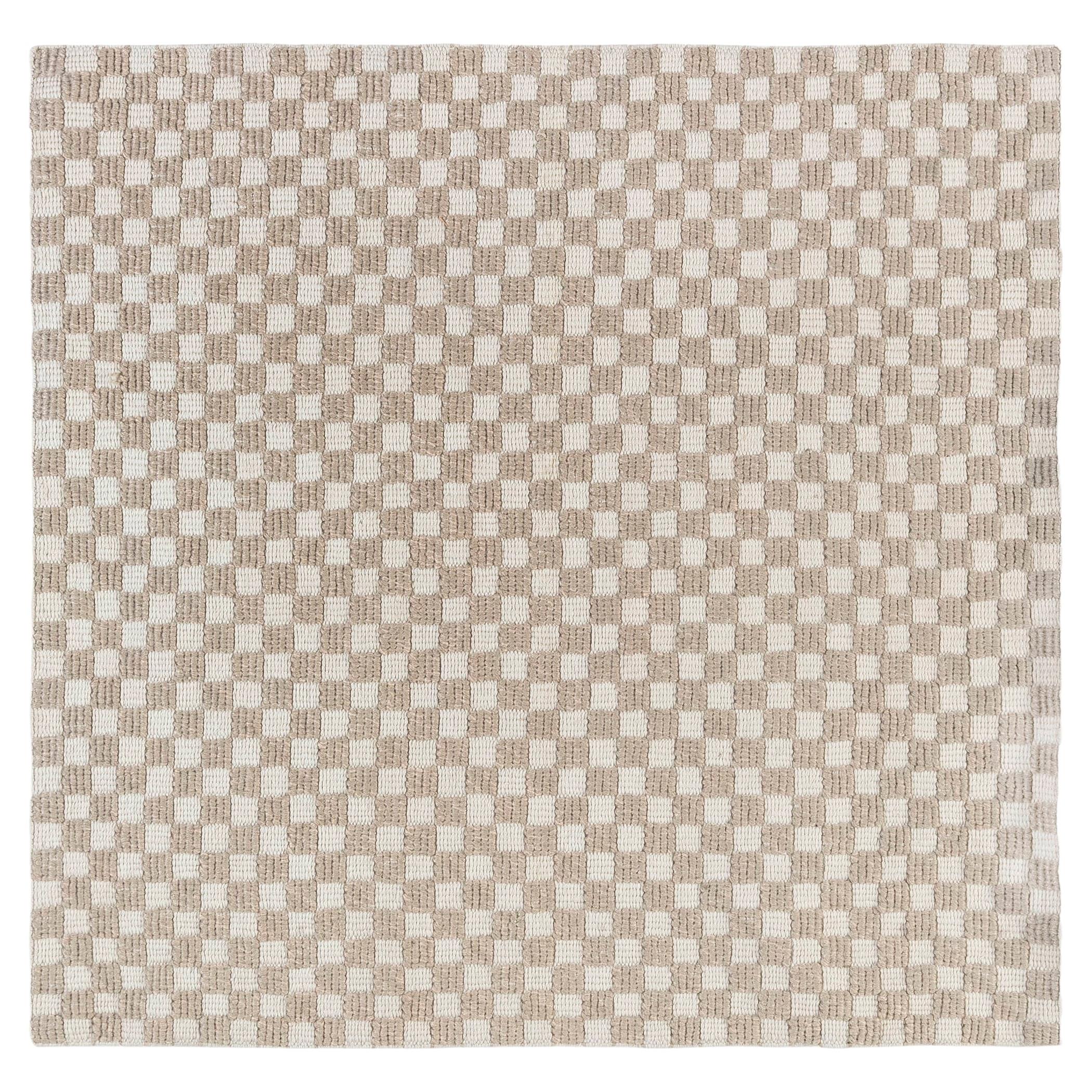 Modern Flatweave Checkerboard Tan And Beige Nylon Rug "Parquet" For Sale