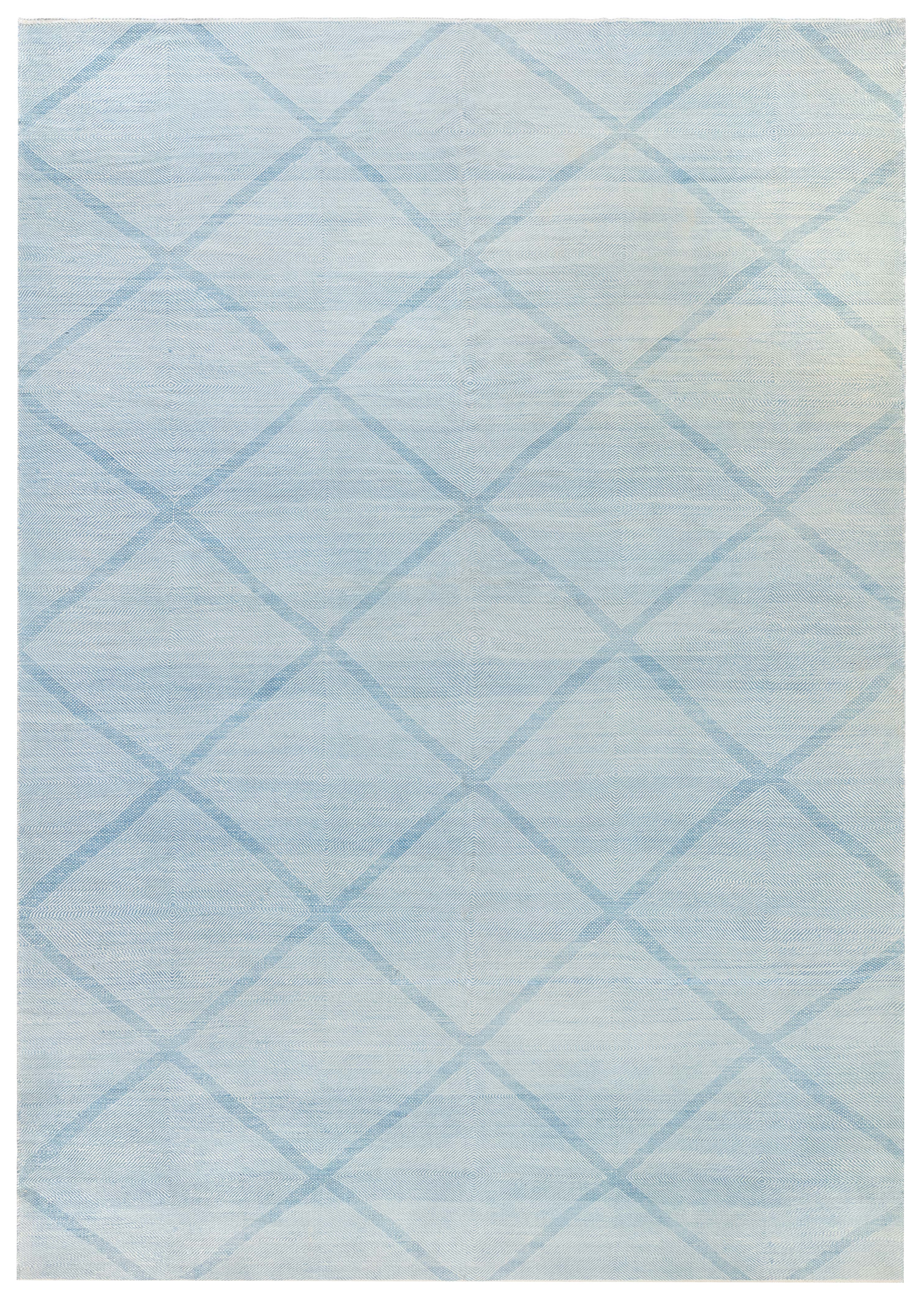 Modern Flatweave Geometric Light Blue Wool Rug "Skylace" by Doris Leslie Blau