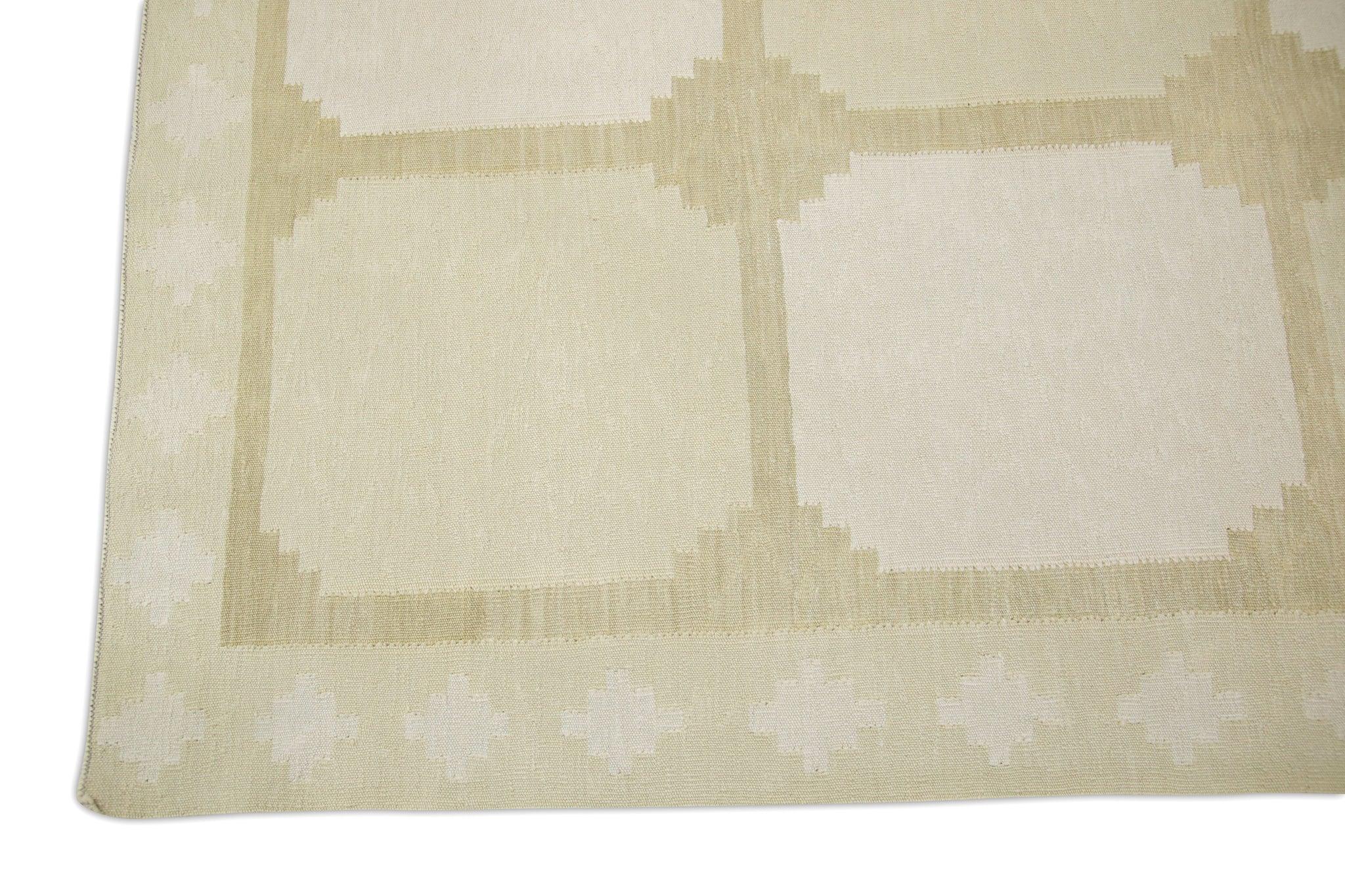 Turkish Yellow Geometric Design Flatweave Handmade Wool Rug 10' X 14'3