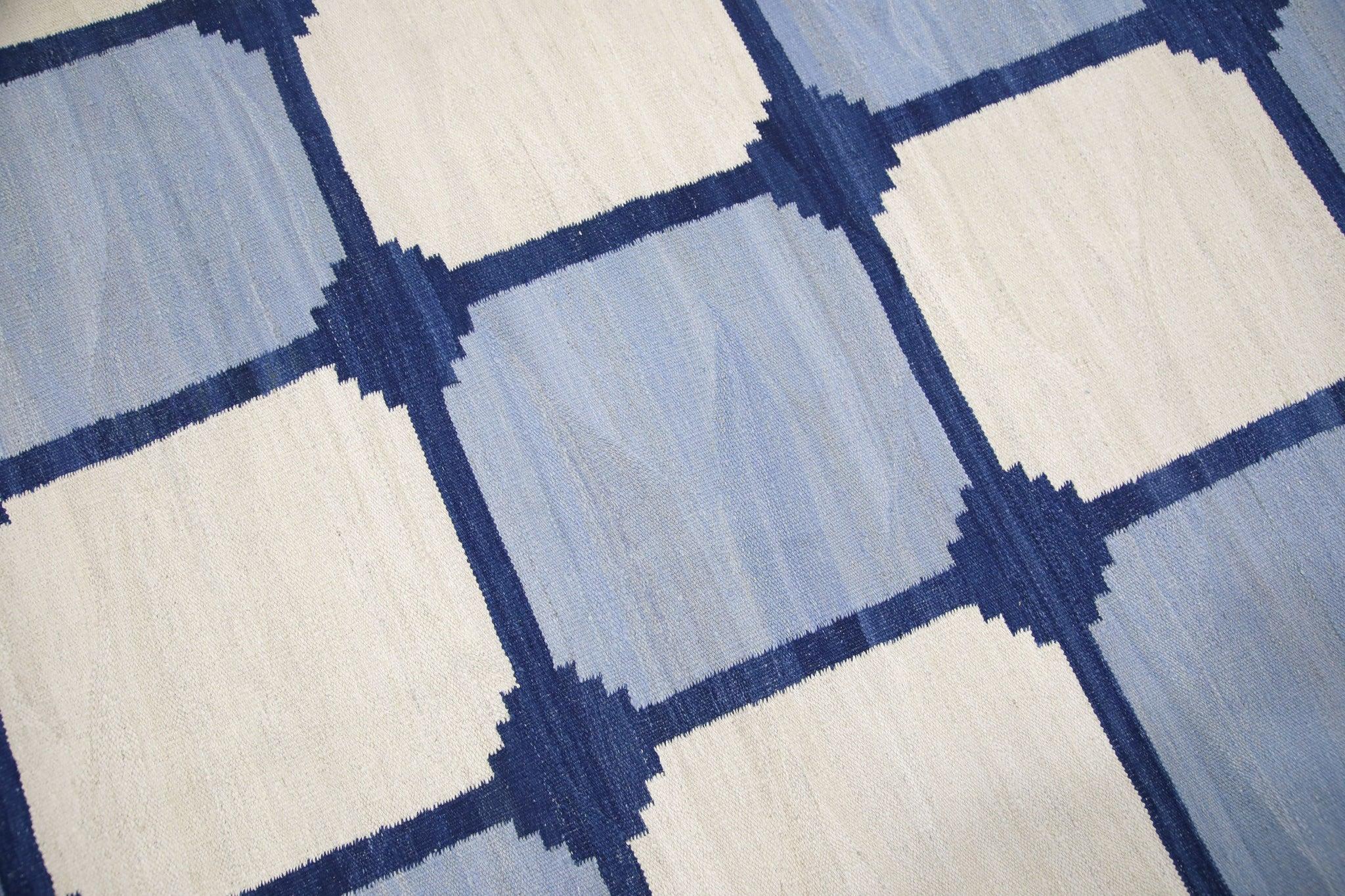 Modern Blue Geometric Pattern Flatweave Handmade Wool Rug 10' X 14'4
