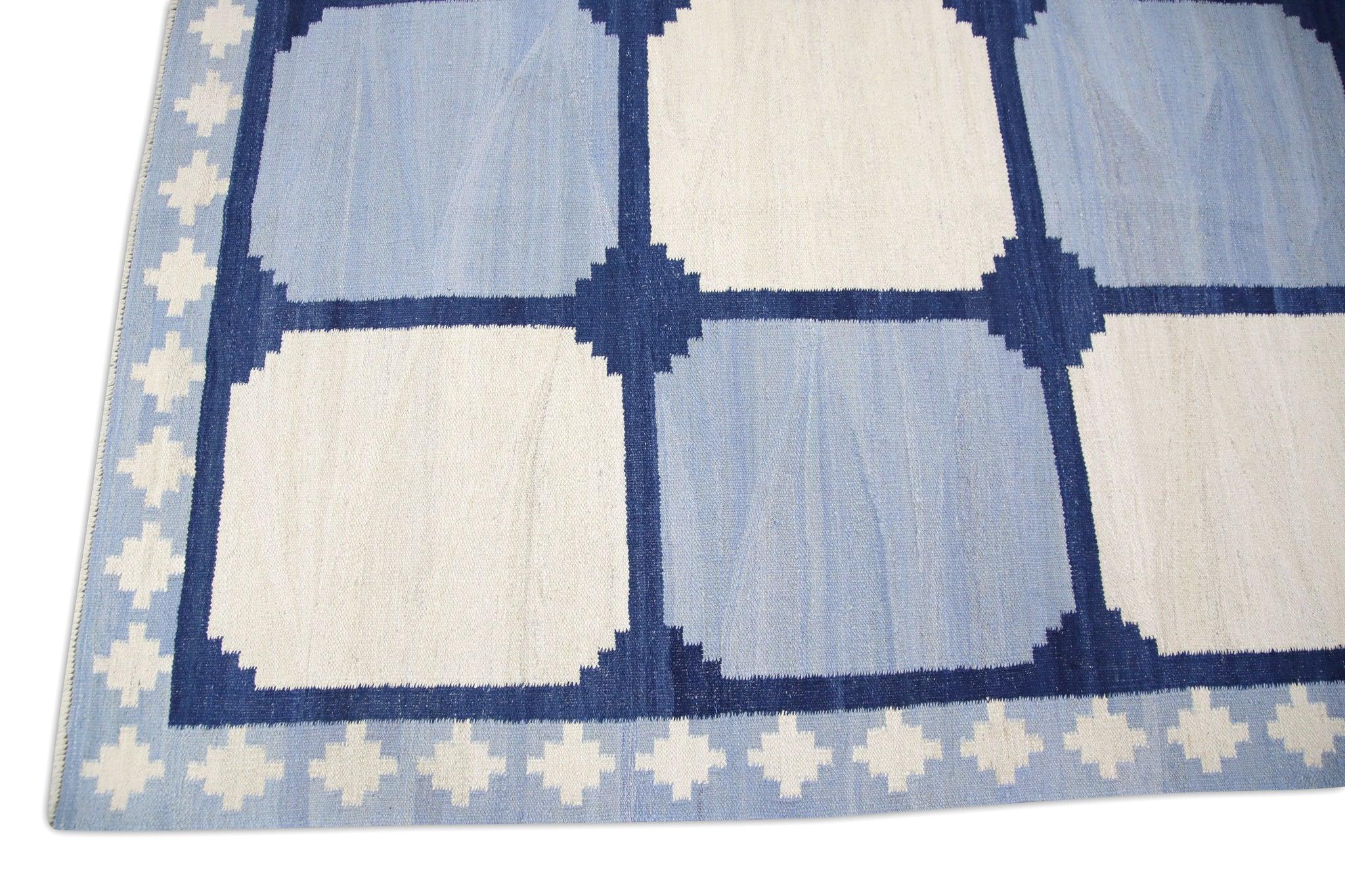 Turkish Blue Geometric Pattern Flatweave Handmade Wool Rug 10' X 14'4