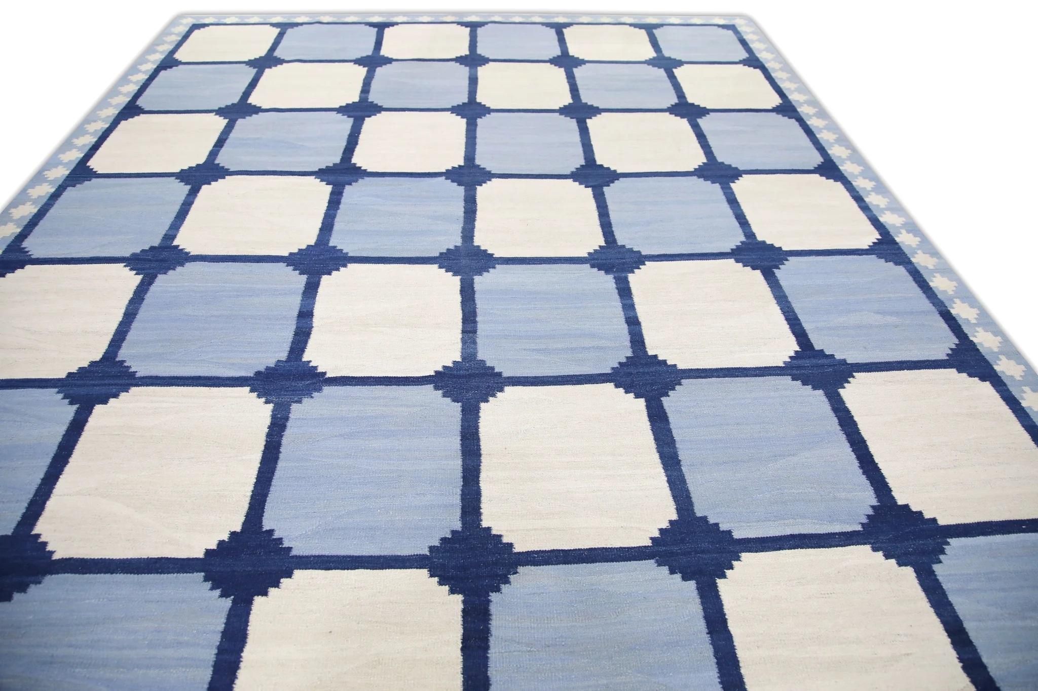 Vegetable Dyed Blue Geometric Pattern Flatweave Handmade Wool Rug 10' X 14'4