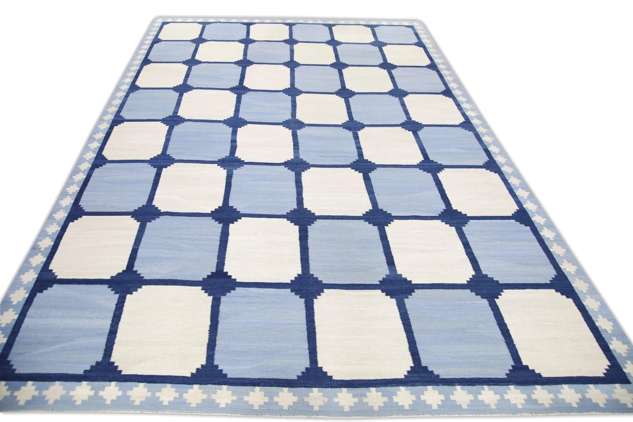 Blue Geometric Pattern Flatweave Handmade Wool Rug 10' X 14'4
