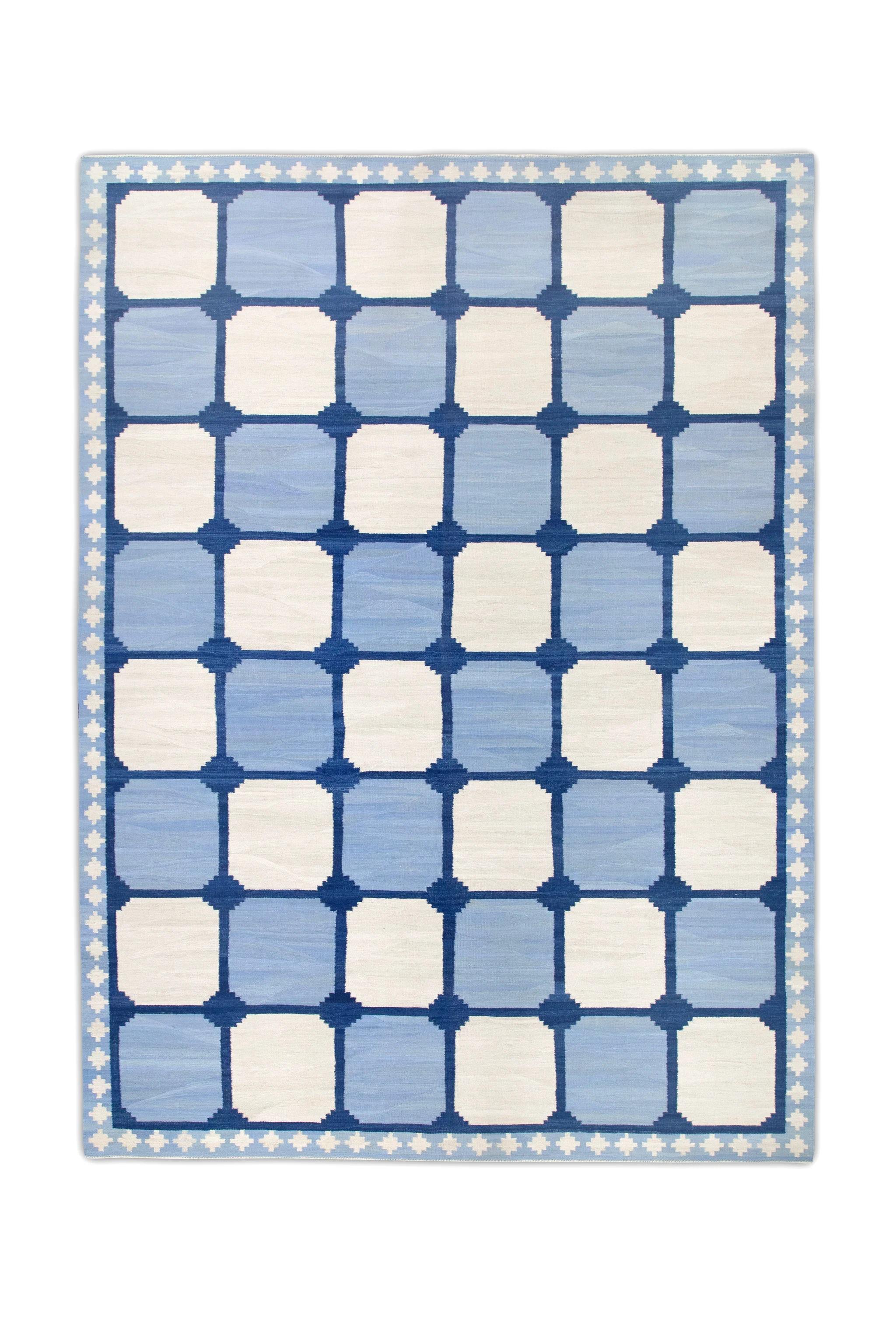 Contemporary Blue Geometric Pattern Flatweave Handmade Wool Rug 10' X 14'4