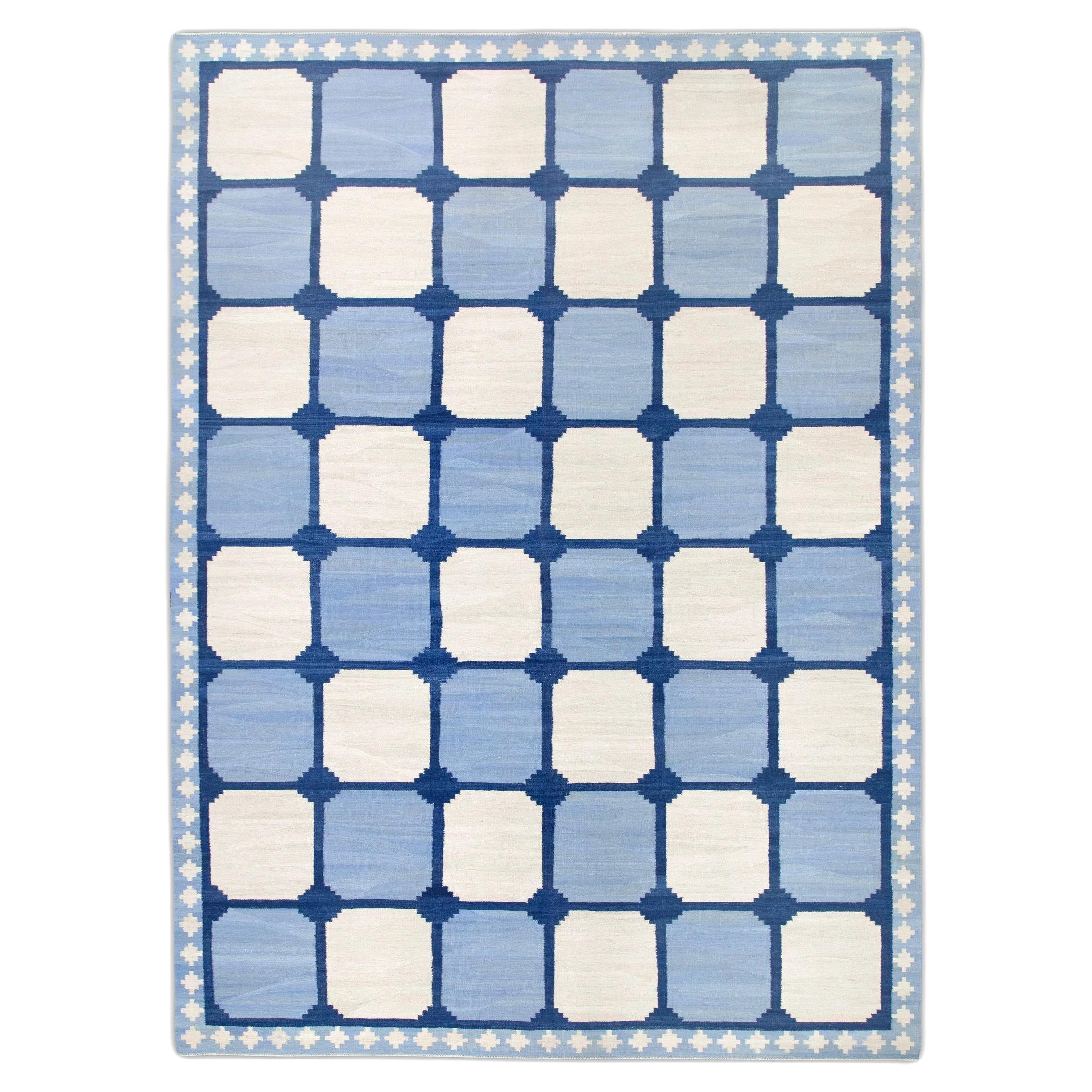 Blue Geometric Pattern Flatweave Handmade Wool Rug 10' X 14'4"
