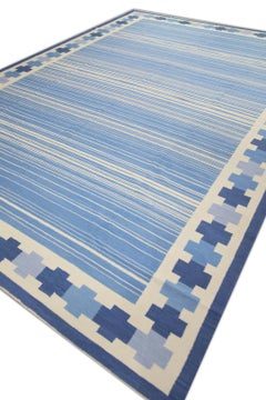 Modern Flatweave Handmade Wool Rug in Blue Geometric Design 10' X 14'6"