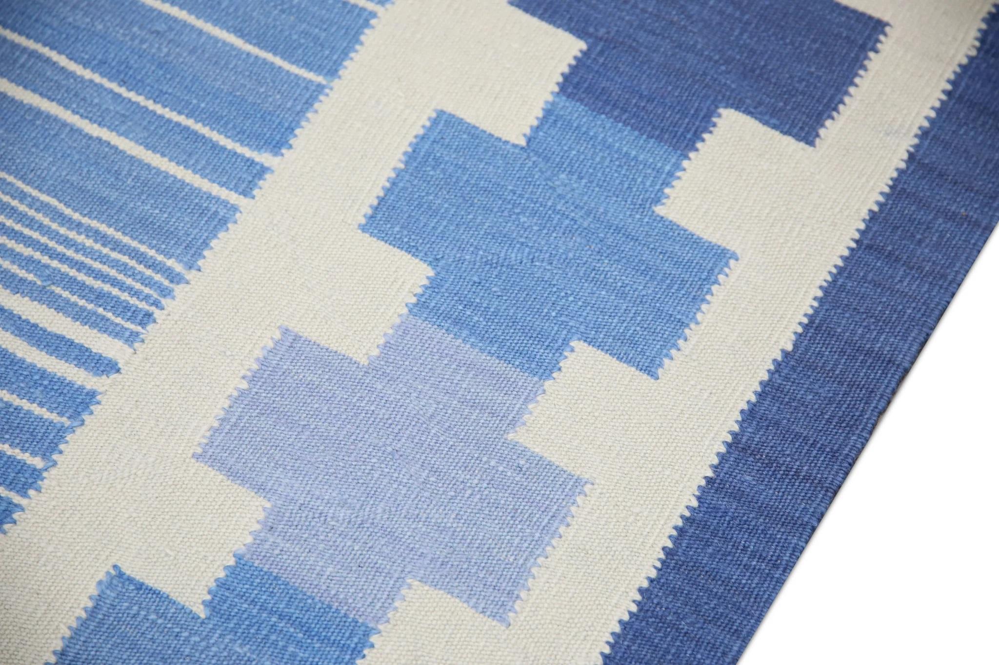 Turkish Modern Flatweave Handmade Wool Rug in Blue Geometric Design 10' X 14'6