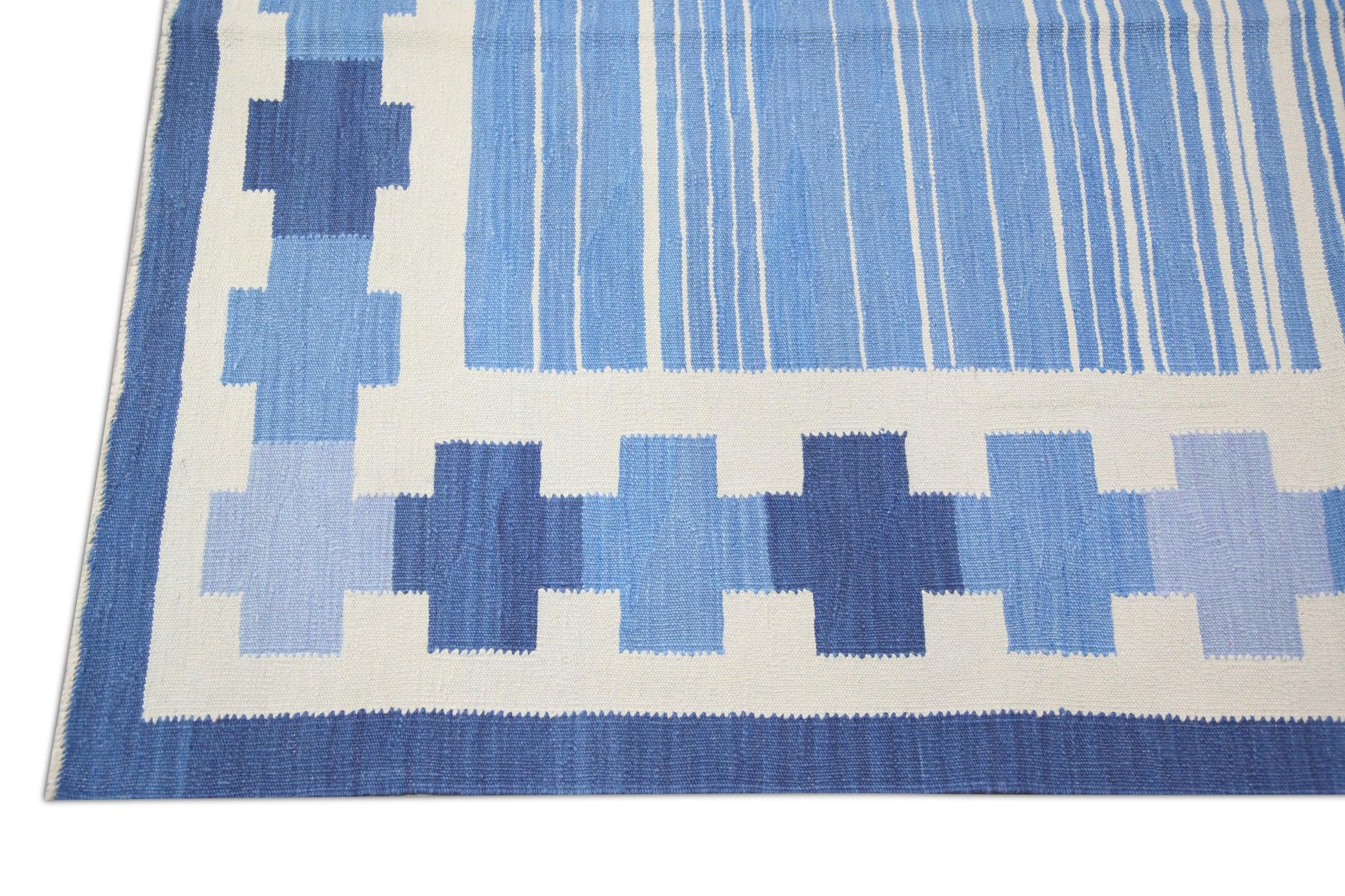 Vegetable Dyed Modern Flatweave Handmade Wool Rug in Blue Geometric Design 10' X 14'6