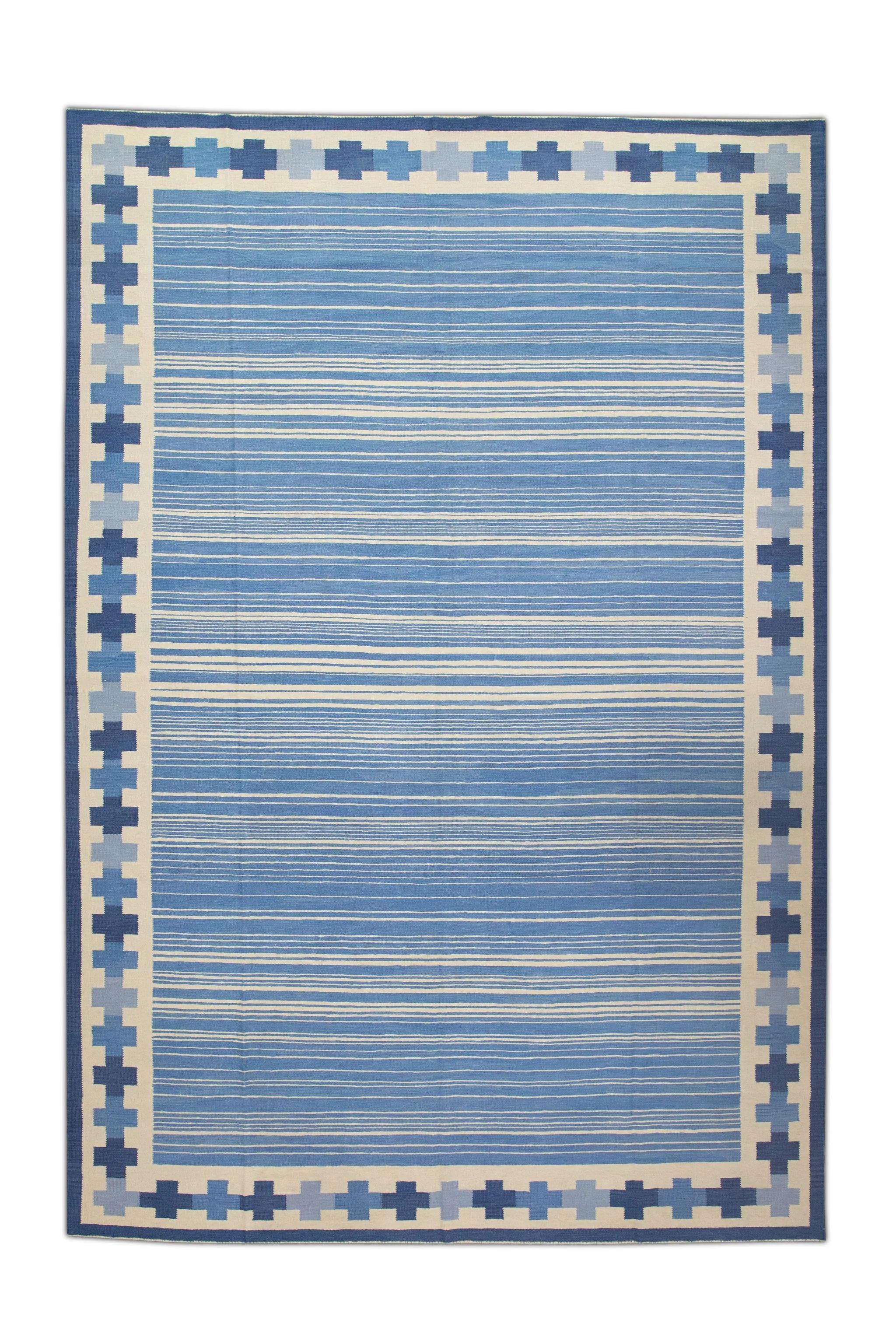 Modern Flatweave Handmade Wool Rug in Blue Geometric Design 10' X 14'6