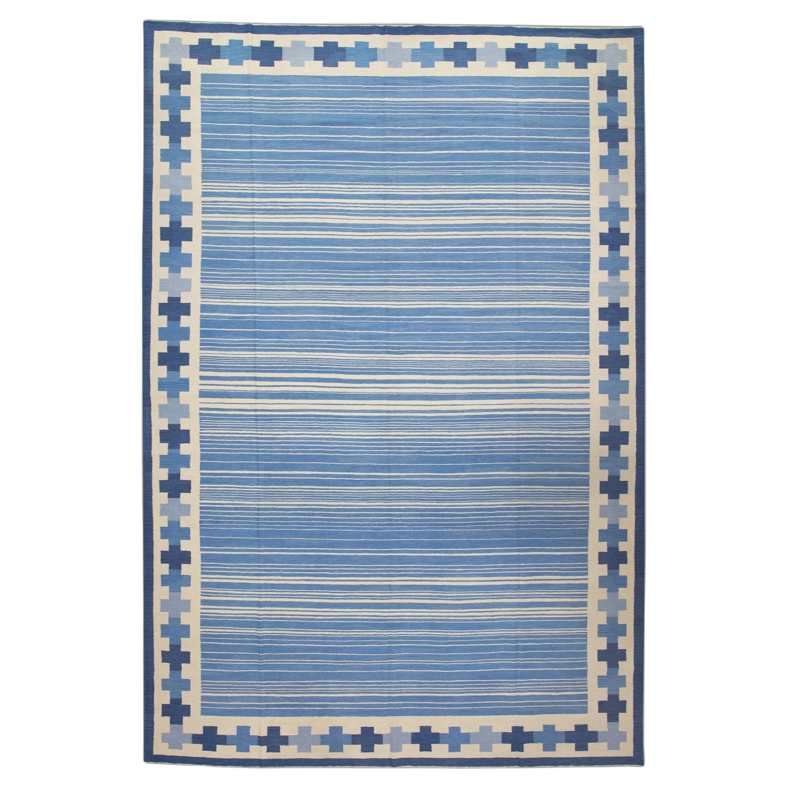 Modern Flatweave Handmade Wool Rug in Blue Geometric Design 10' X 14'6" For Sale