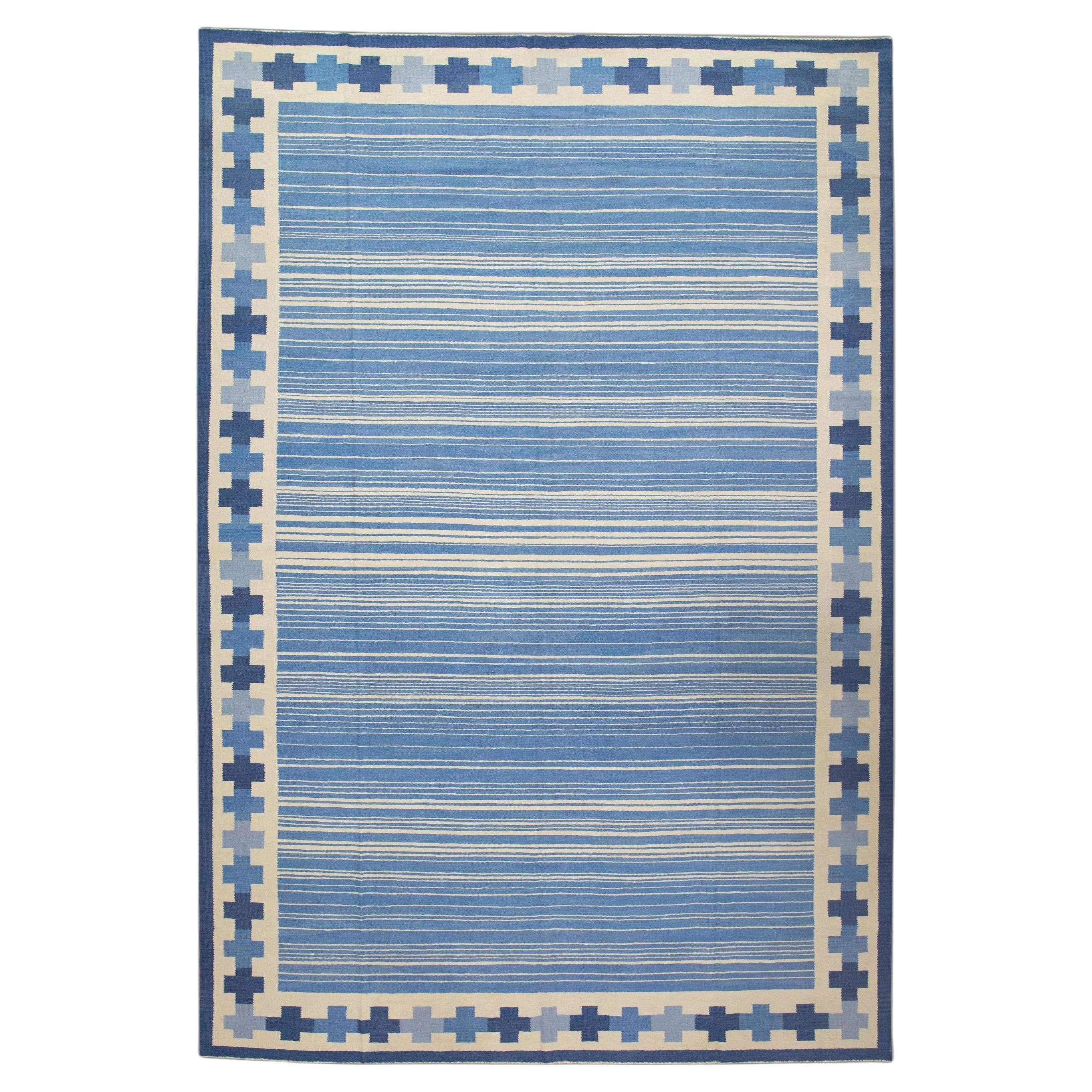 Moderner handgefertigter Flachgewebe-Wollteppich in Blau mit geometrischem Design 10' X 14'6" im Angebot