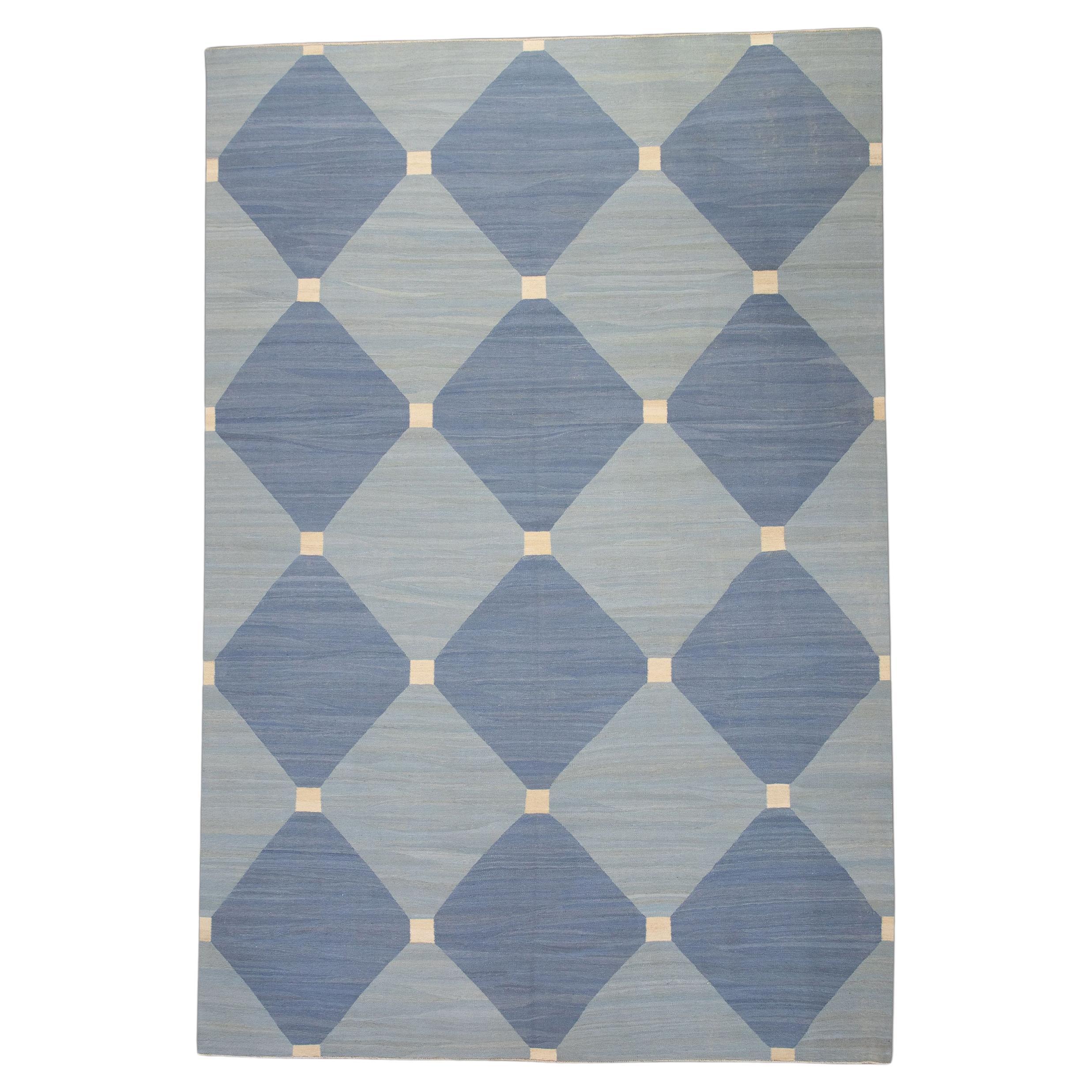 Blue Geometric Design Flatweave Handmade Wool Rug 10' x 14'6”