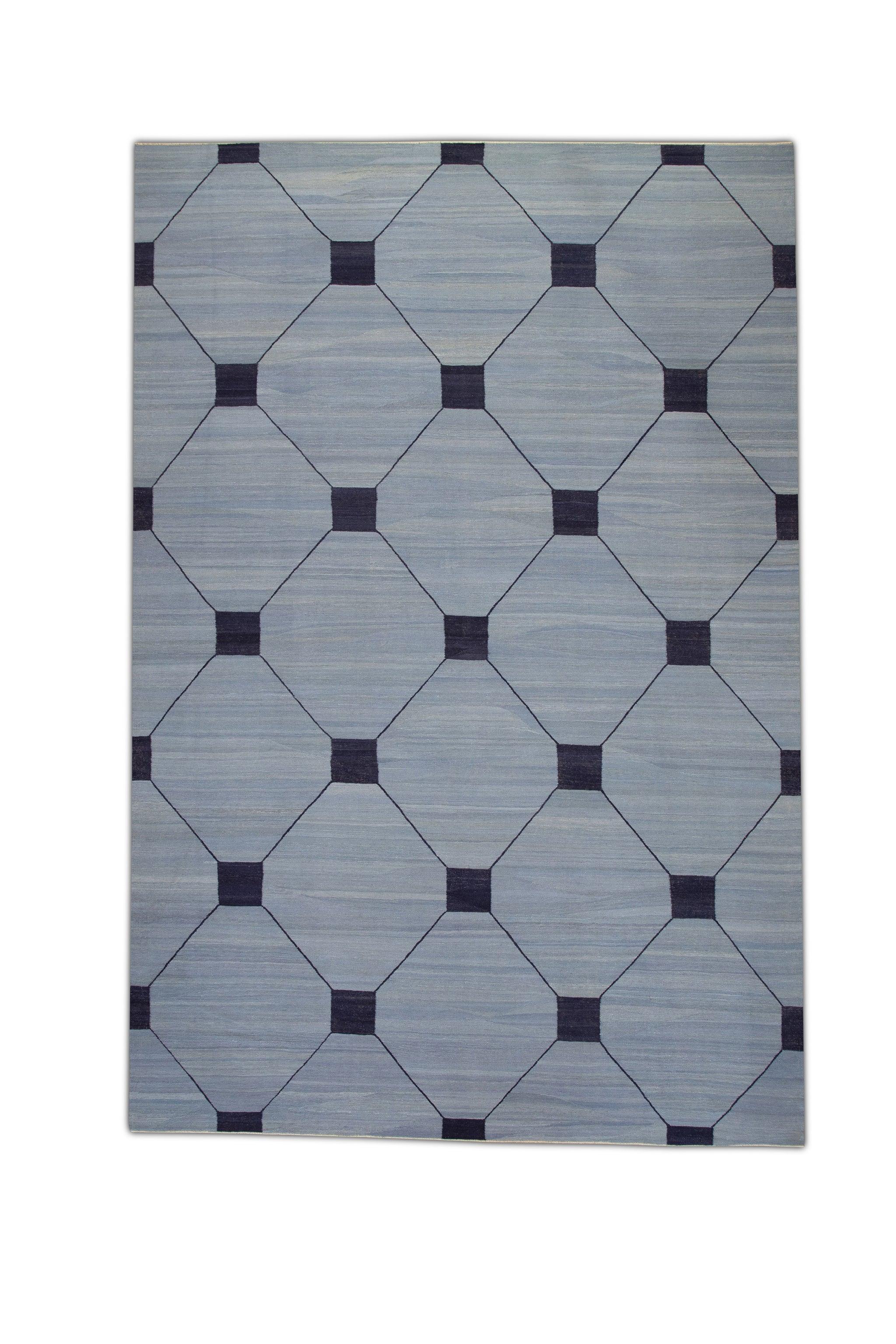 Blauer handgefertigter Flachgewebe-Wollteppich in Marineblau mit geometrischem Muster 10'2