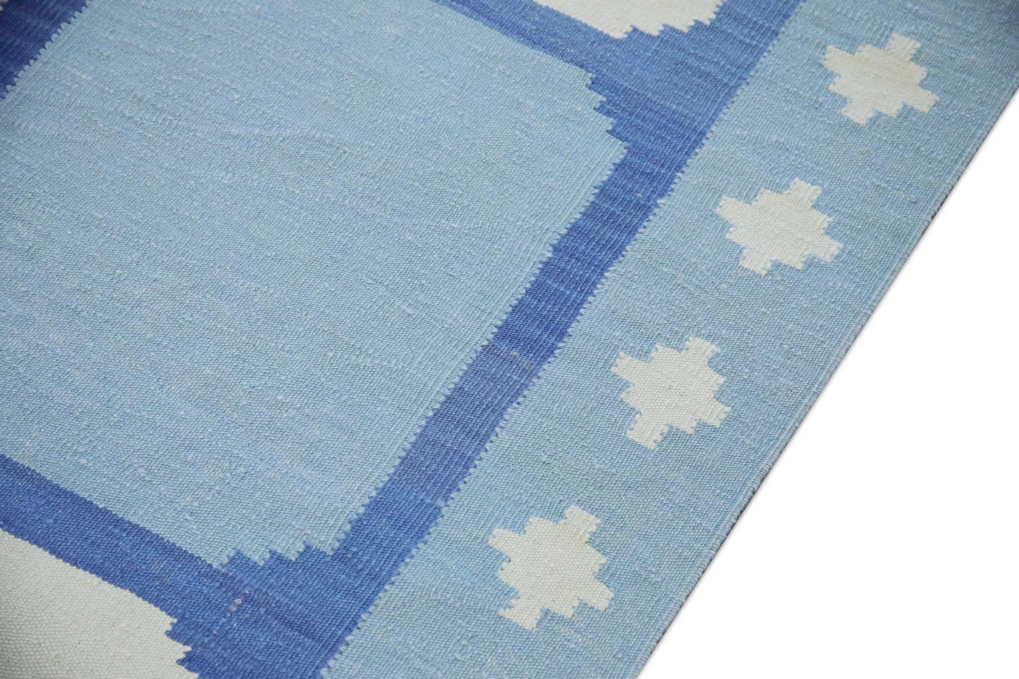 Modern Blue Geometric Design Flatweave Handmade Wool Rug 10'2