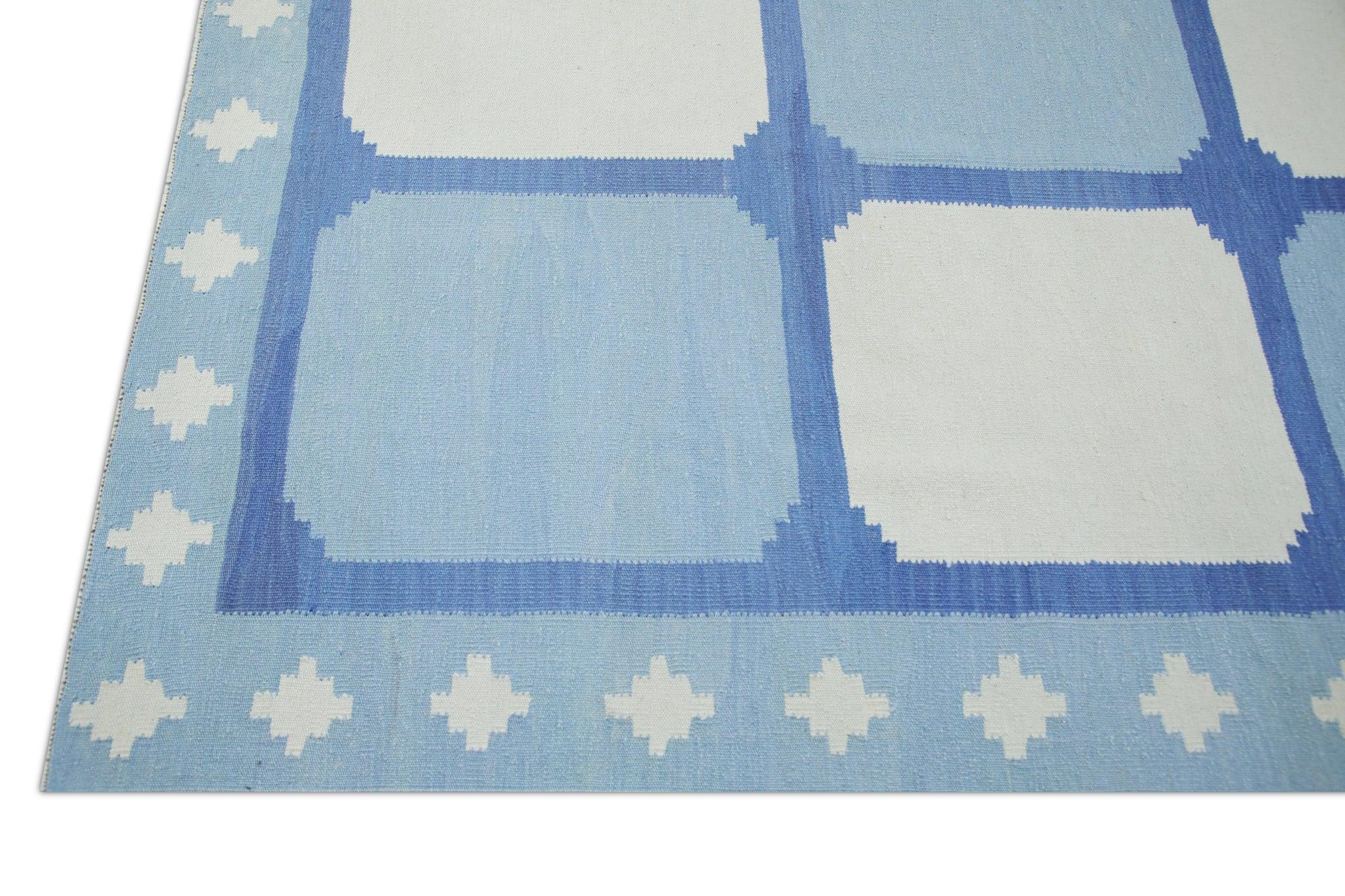 Turkish Blue Geometric Design Flatweave Handmade Wool Rug 10'2
