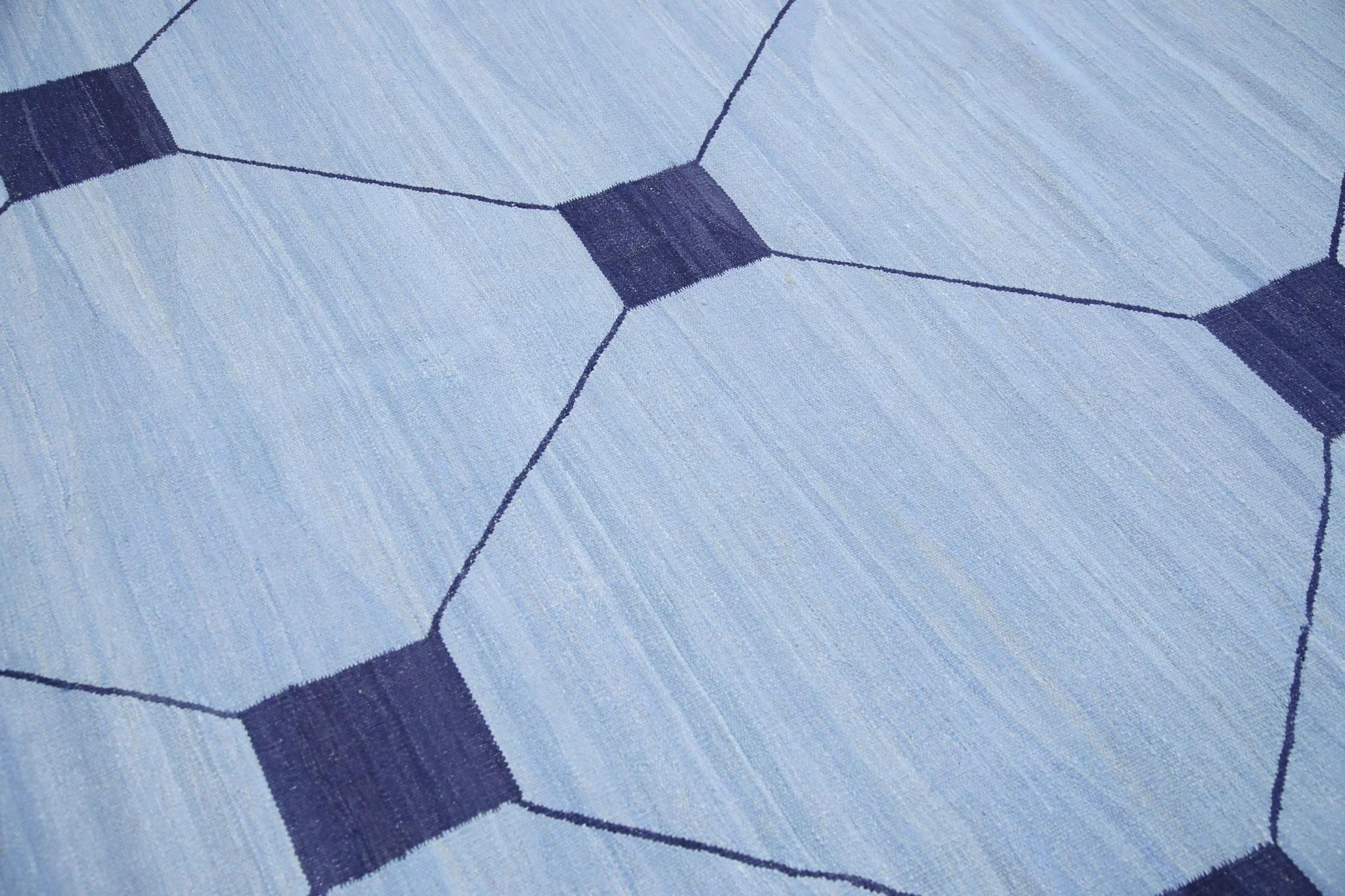 Turkish Blue Flatweave Handmade Wool Rug in Navy Geometric Pattern 10'2