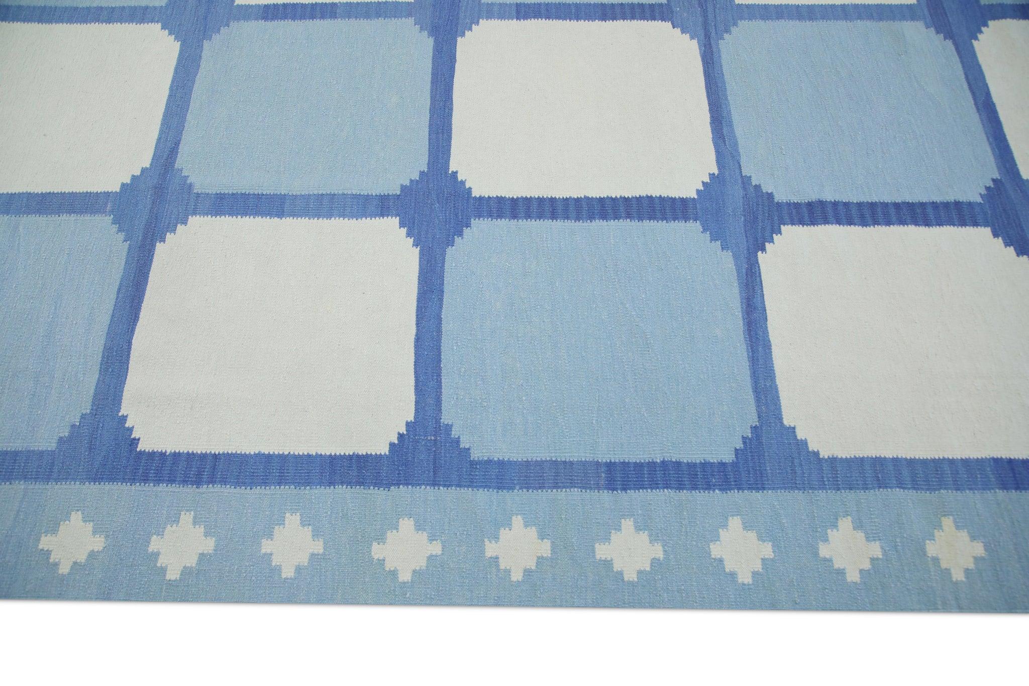 Vegetable Dyed Blue Geometric Design Flatweave Handmade Wool Rug 10'2