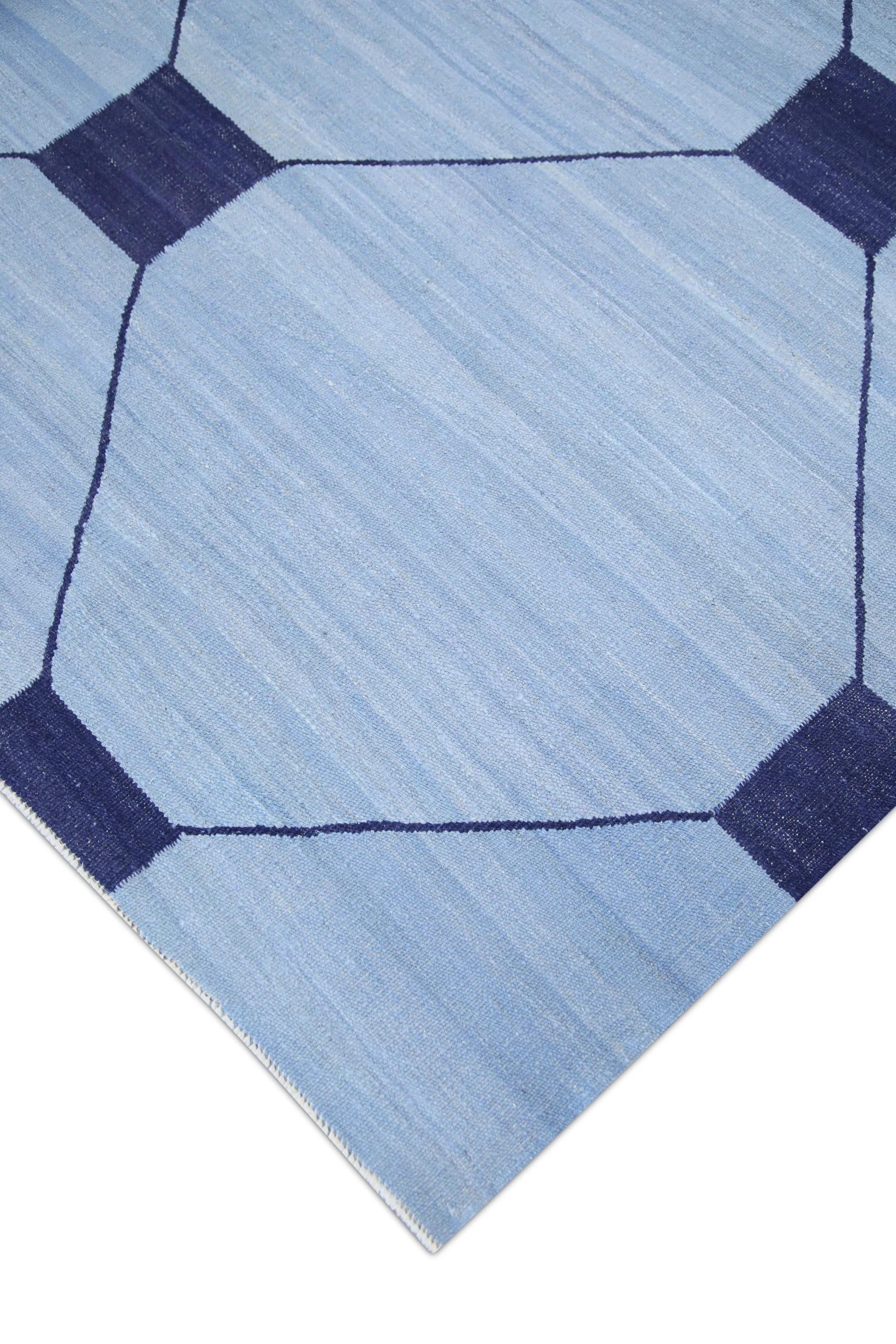 Vegetable Dyed Blue Flatweave Handmade Wool Rug in Navy Geometric Pattern 10'2
