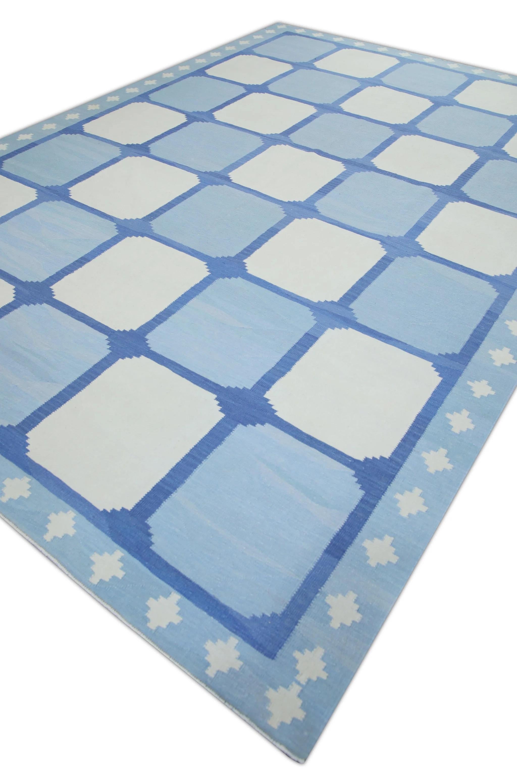 Contemporary Blue Geometric Design Flatweave Handmade Wool Rug 10'2