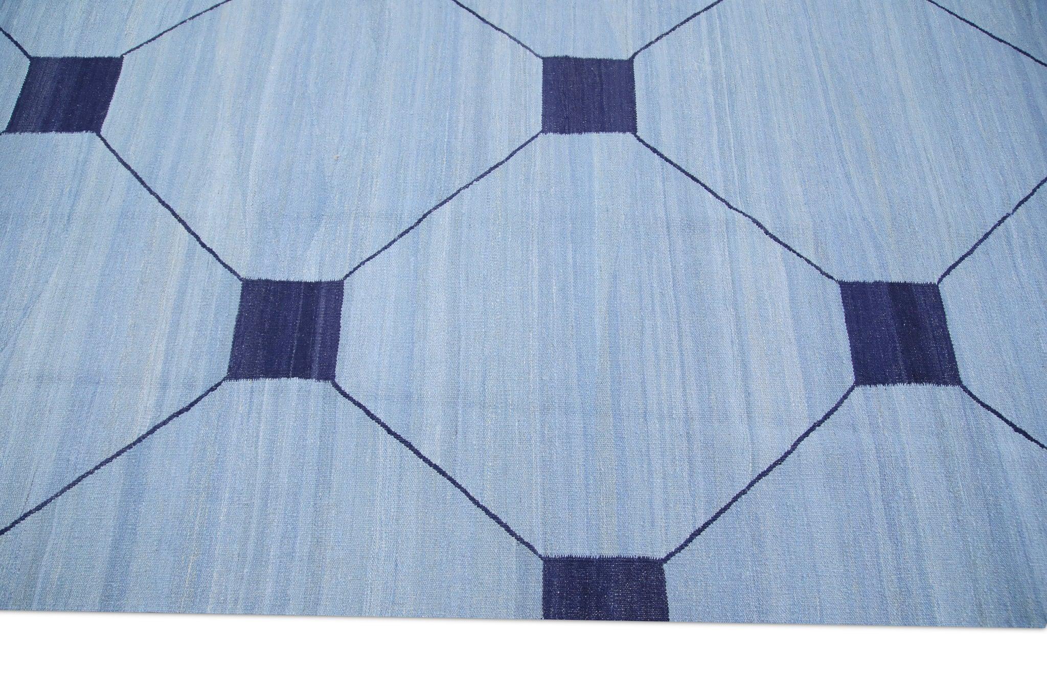 Contemporary Blue Flatweave Handmade Wool Rug in Navy Geometric Pattern 10'2