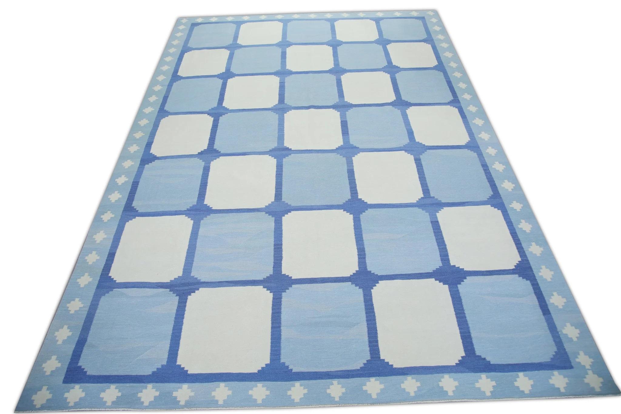 Blue Geometric Design Flatweave Handmade Wool Rug 10'2