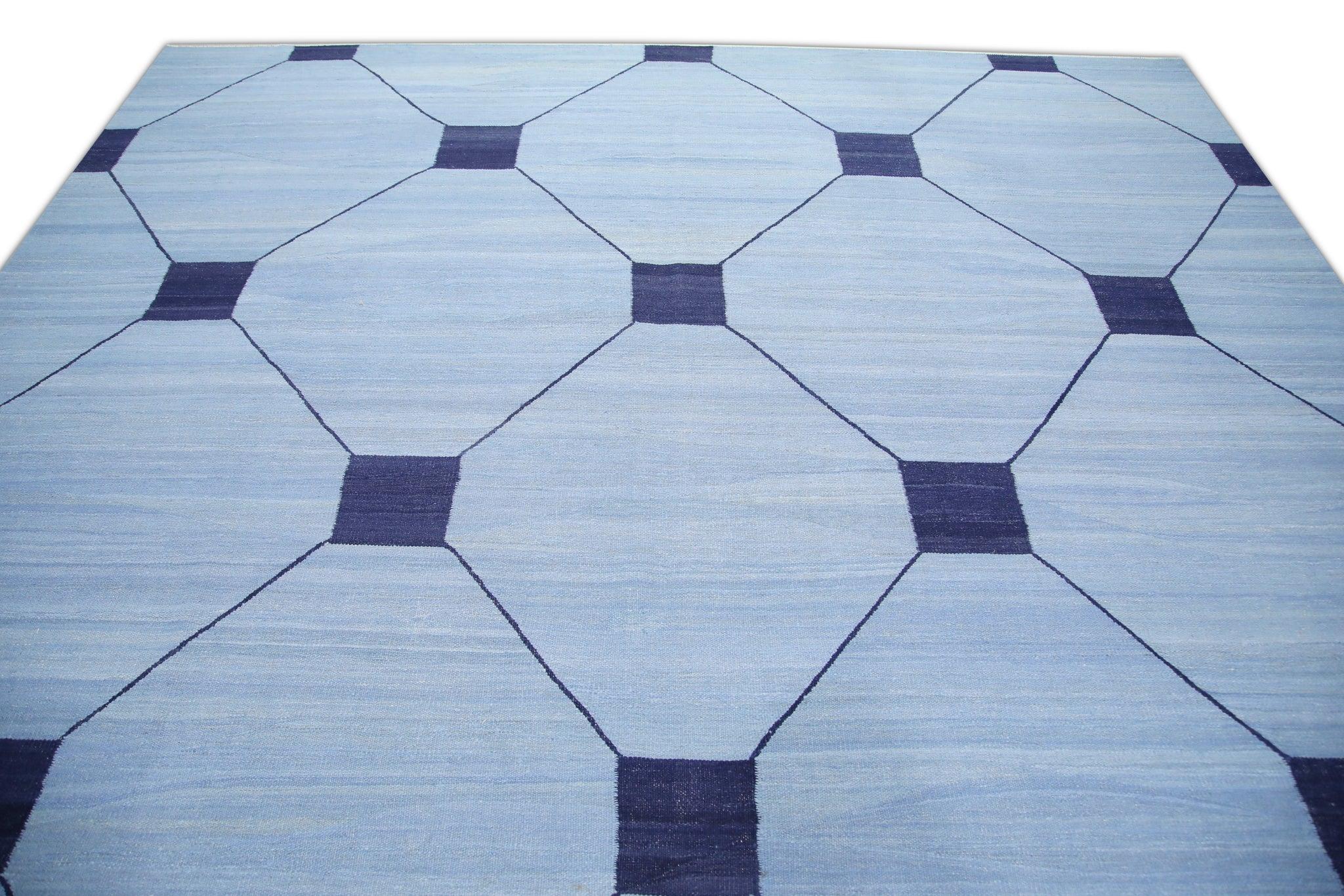 Blue Flatweave Handmade Wool Rug in Navy Geometric Pattern 10'2