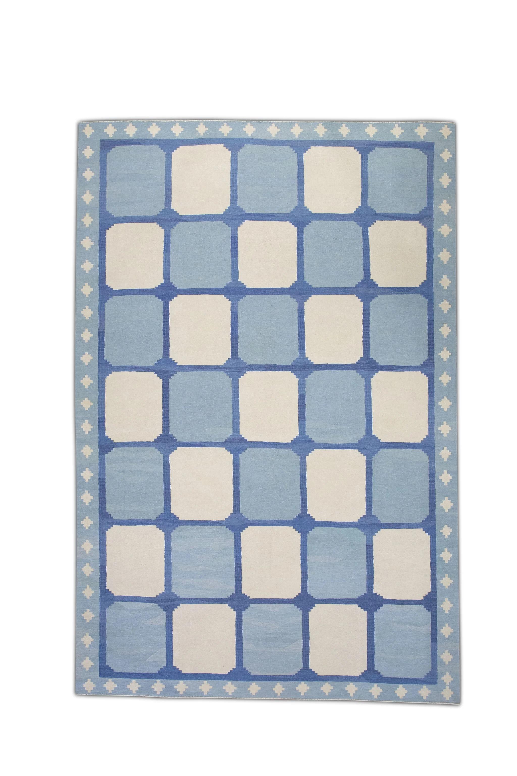 Blue Geometric Design Flatweave Handmade Wool Rug 10'2