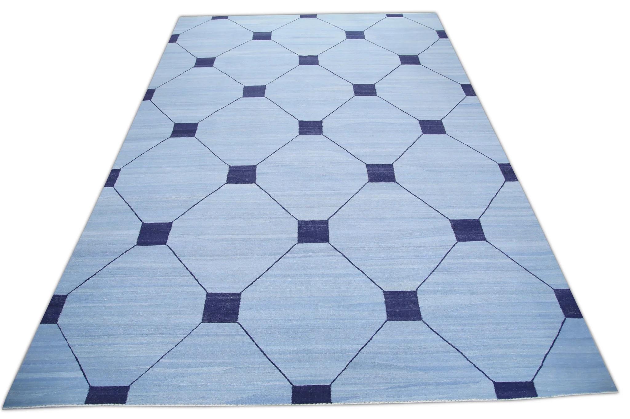 Blue Flatweave Handmade Wool Rug in Navy Geometric Pattern 10'2