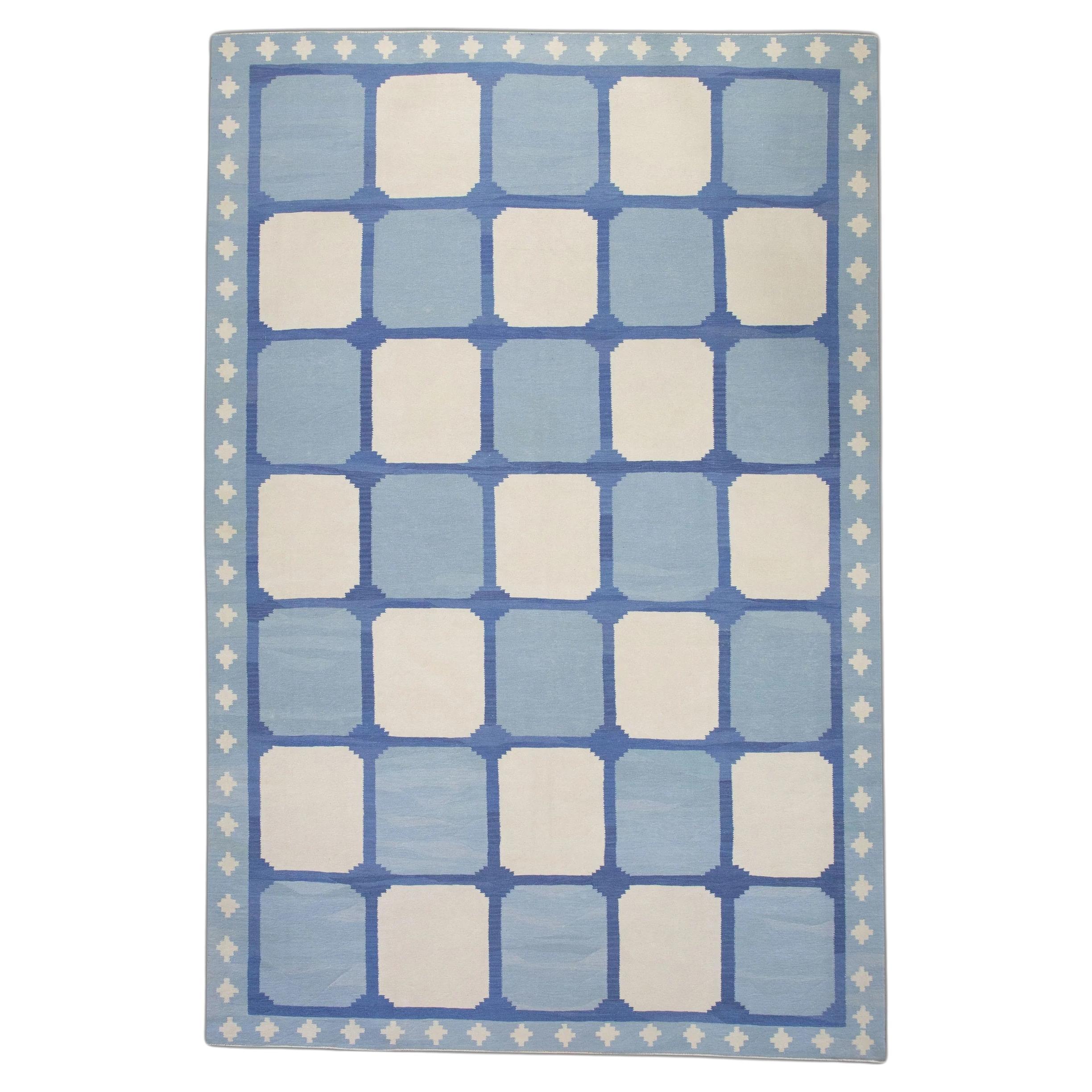 Blue Geometric Design Flatweave Handmade Wool Rug 10'2" X 14'6" For Sale