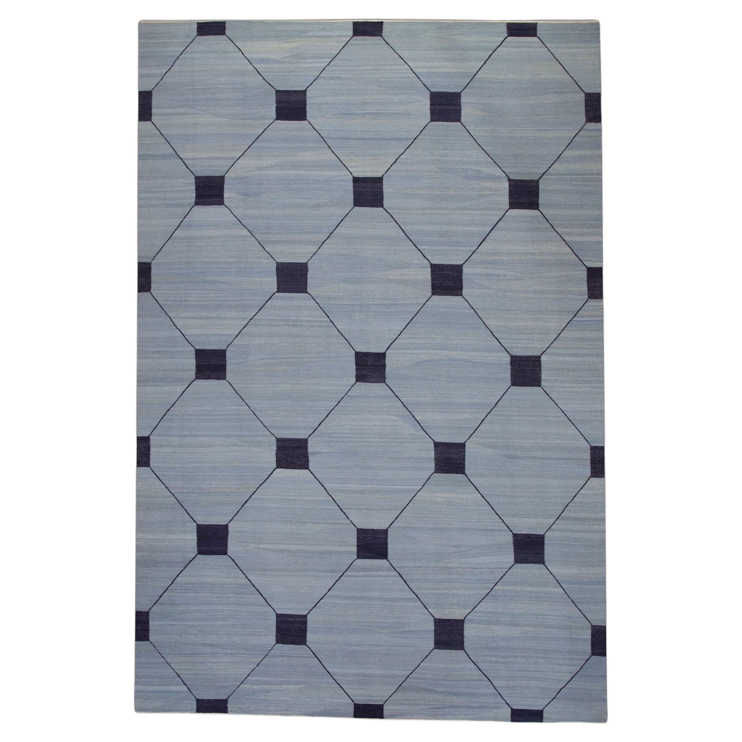 Blauer handgefertigter Flachgewebe-Wollteppich in Marineblau mit geometrischem Muster 10'2" X 14'6"