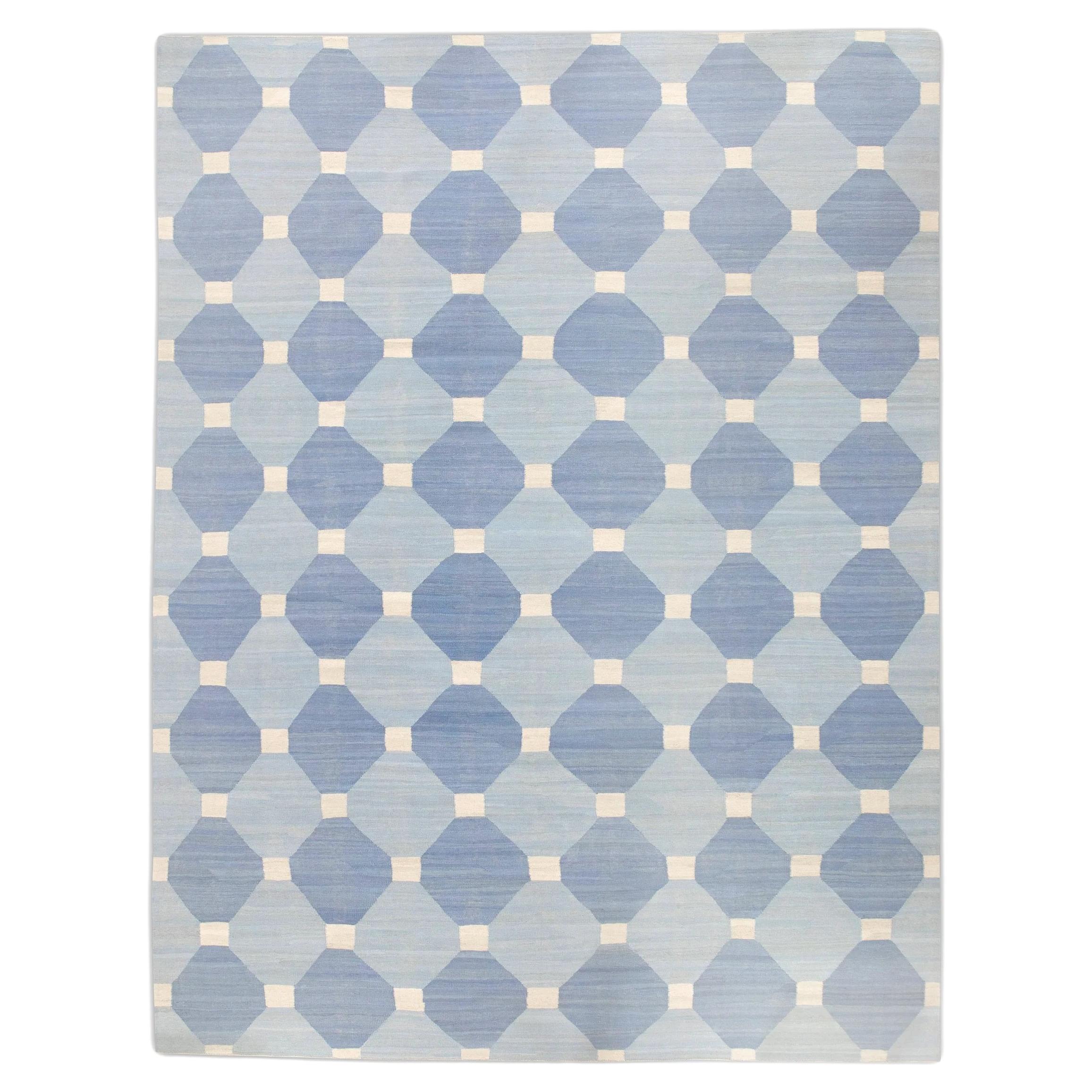 Blue Flatweave Handmade Wool Rug in Geometric Design 10'4" X 14'3"